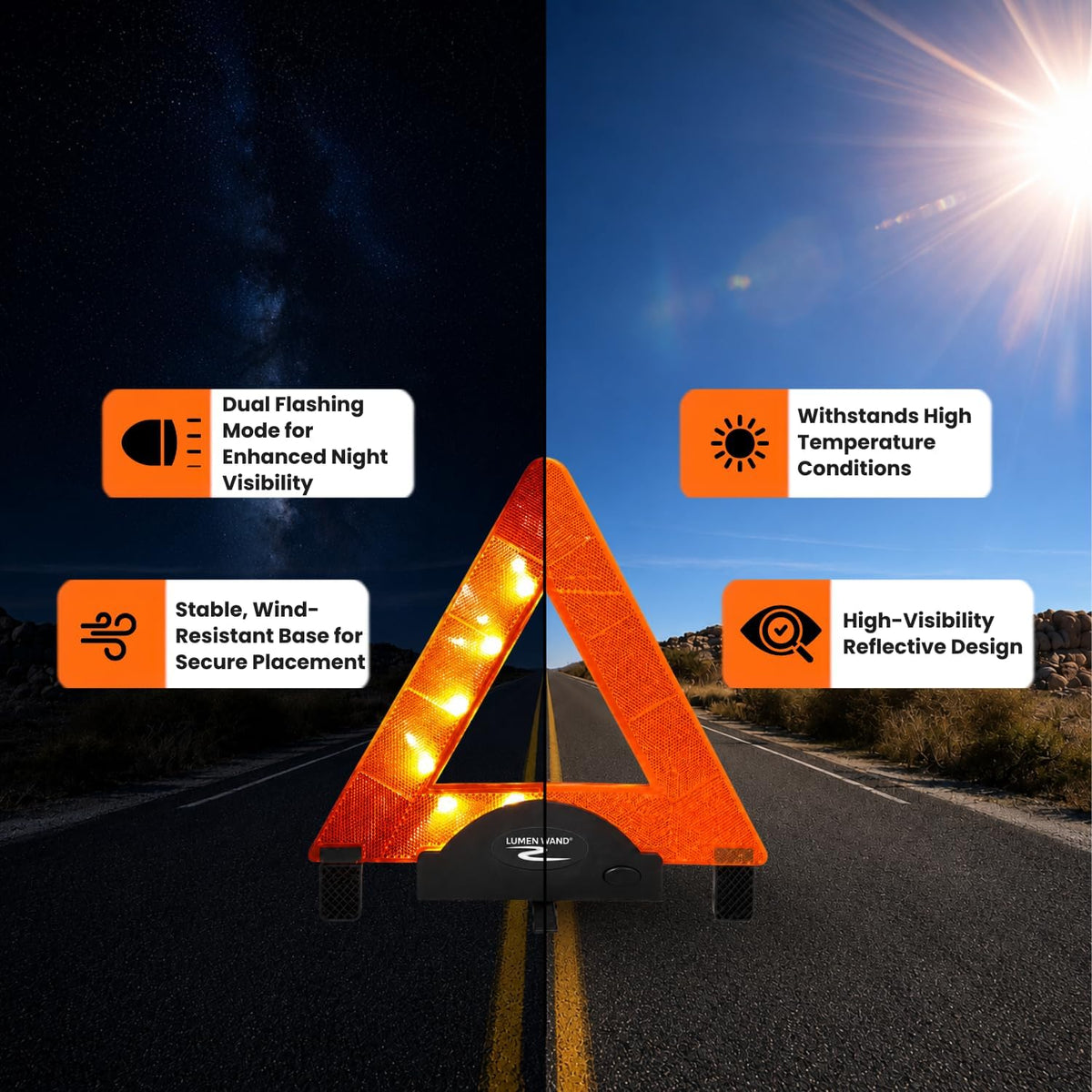 Lumen Wand 3 Pack LED Reflective Warning Triangles Emergency Safety Kit