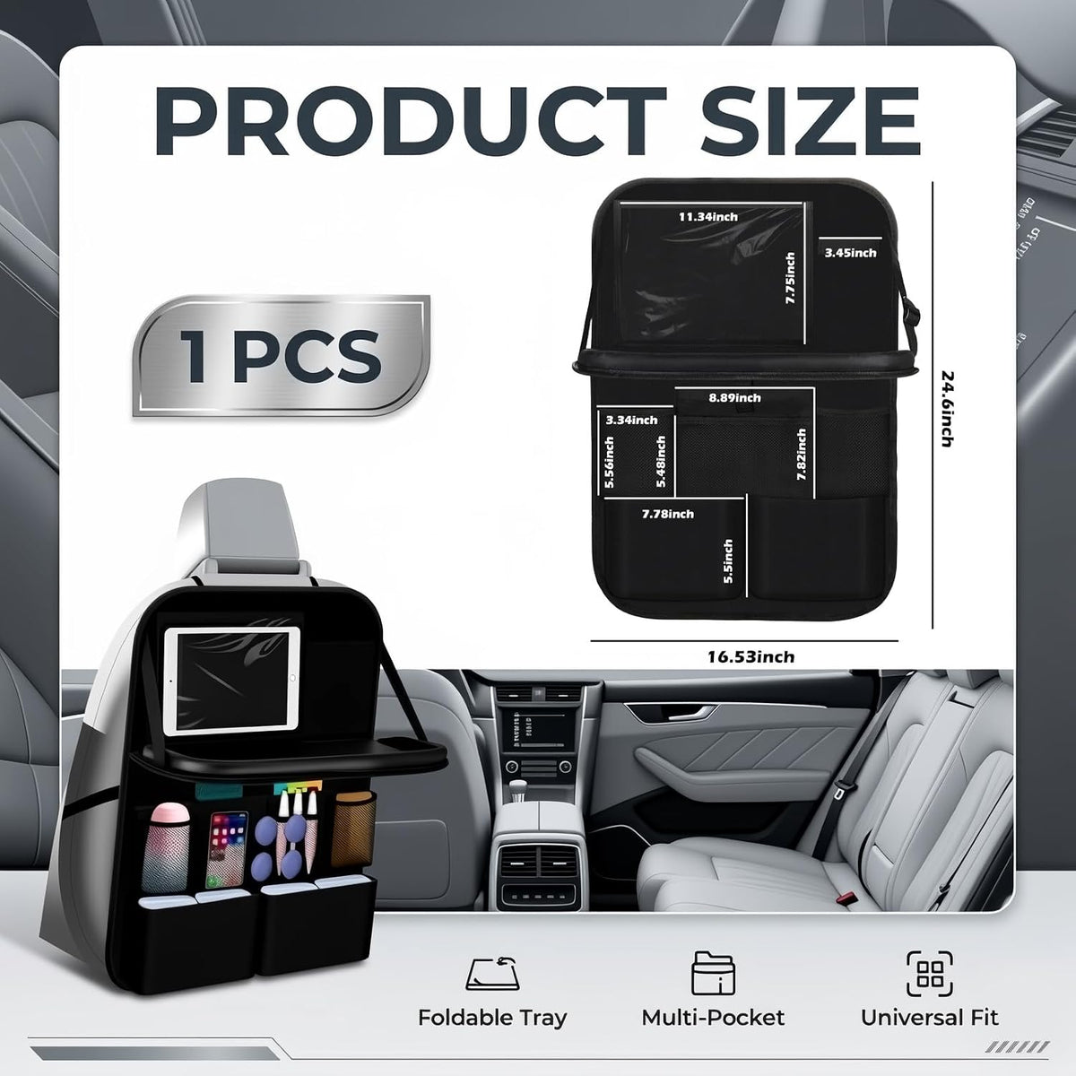 2026 New Backseat Car Organizer,Multifunctional Back Seat Car Organizer with Foldable Table Trays,Hanging Cars Seats Backs Organizers as Kick Mats Back Seat Protector