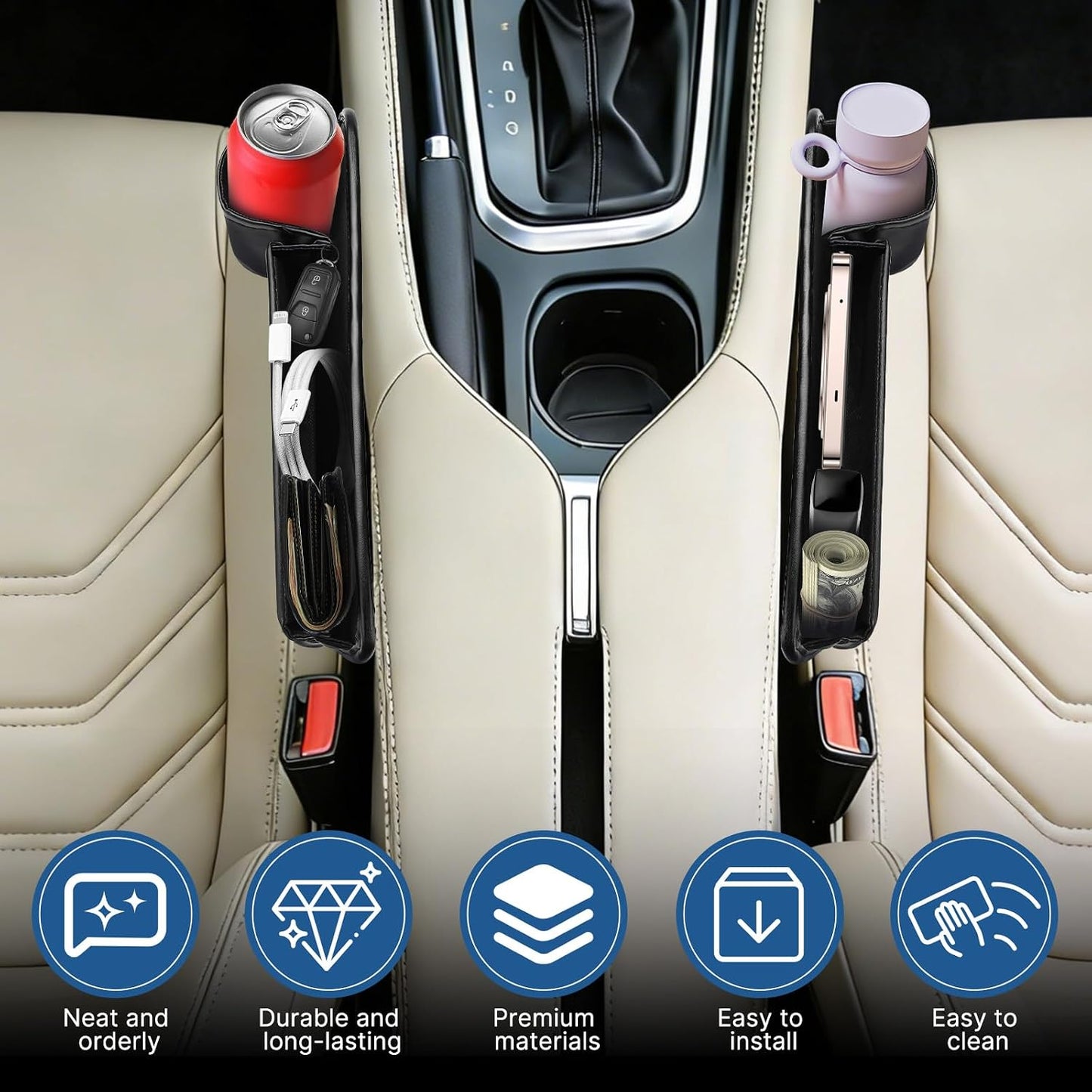 2PCS Black Leather Seat Gap Filler Organizer, Front Seat Gap Storage Box with Cup Holder and Charging Hole, Car Organizer for Phone, Keys, Sunglasses and Drink, Universal Fit Left and Right Side