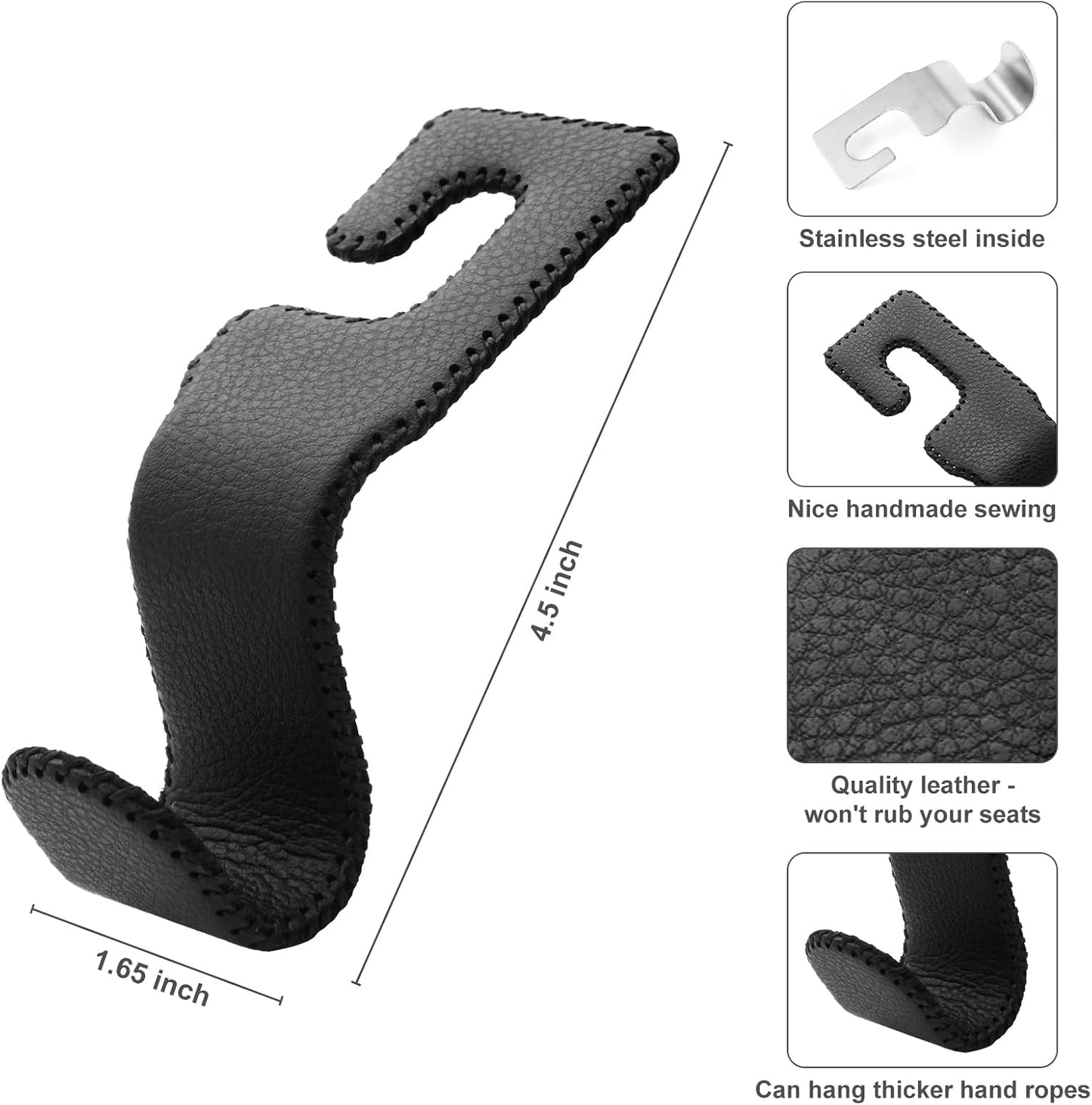 AMVOYOA Leather-Wrapped Car Headrest Hooks & Seat Back Organizer - 2 Pack U-Shaped Car Purse Holder for Bags, Coats, Handcrafted Stitching, Flexible Car Accessories for Women (Gray)