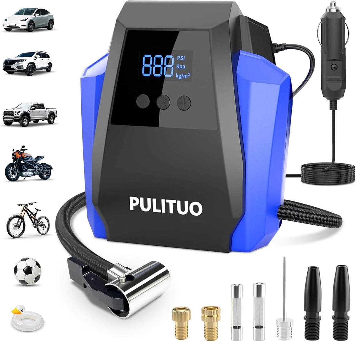 PULITUO 12V DC Tire Inflator - Portable Air Compressor 35L/min, 150 PSI Car Tire Pump with Auto Shut Off, Digital Pressure Gauge and LED Light, Blue
