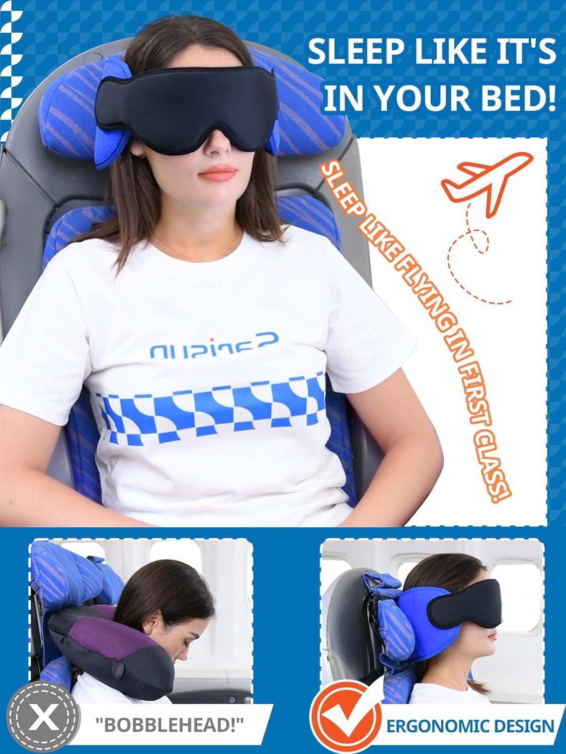 SARISUN Travel Pillows for Airplanes, Airplane Pillow for Long Flight, Airplane Head Strap with Eye Mask for Sleep, Travel Neck Pillow for Car Road Trip, 360° Support Headrest, Stop Bobblehead, Orange