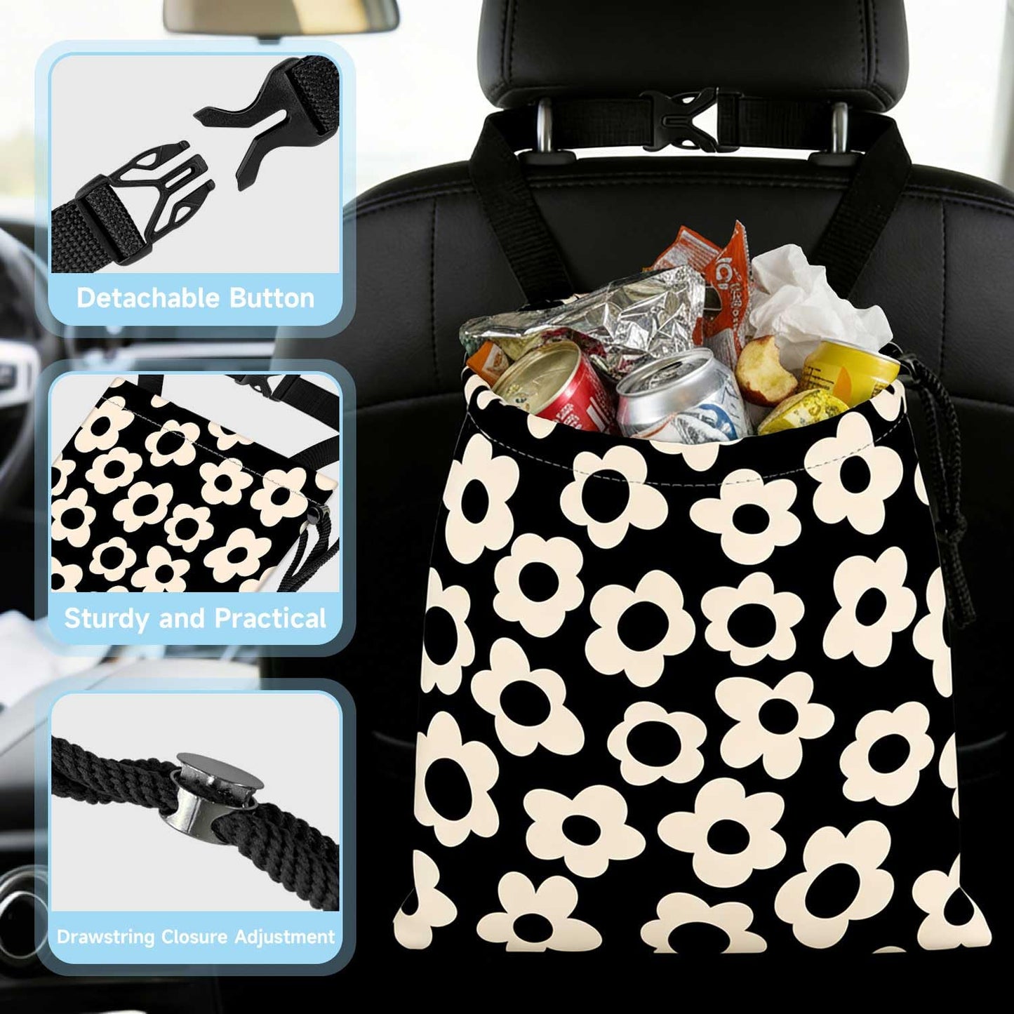 Black Flower Car Trash Bag - Waterproof Car Trash Bag Hanging Leakproof Car Garbage Bag - Washable Reusable Trash Bag for Car Interior Hanging Organizer Storage Vehicle Travelling Camping