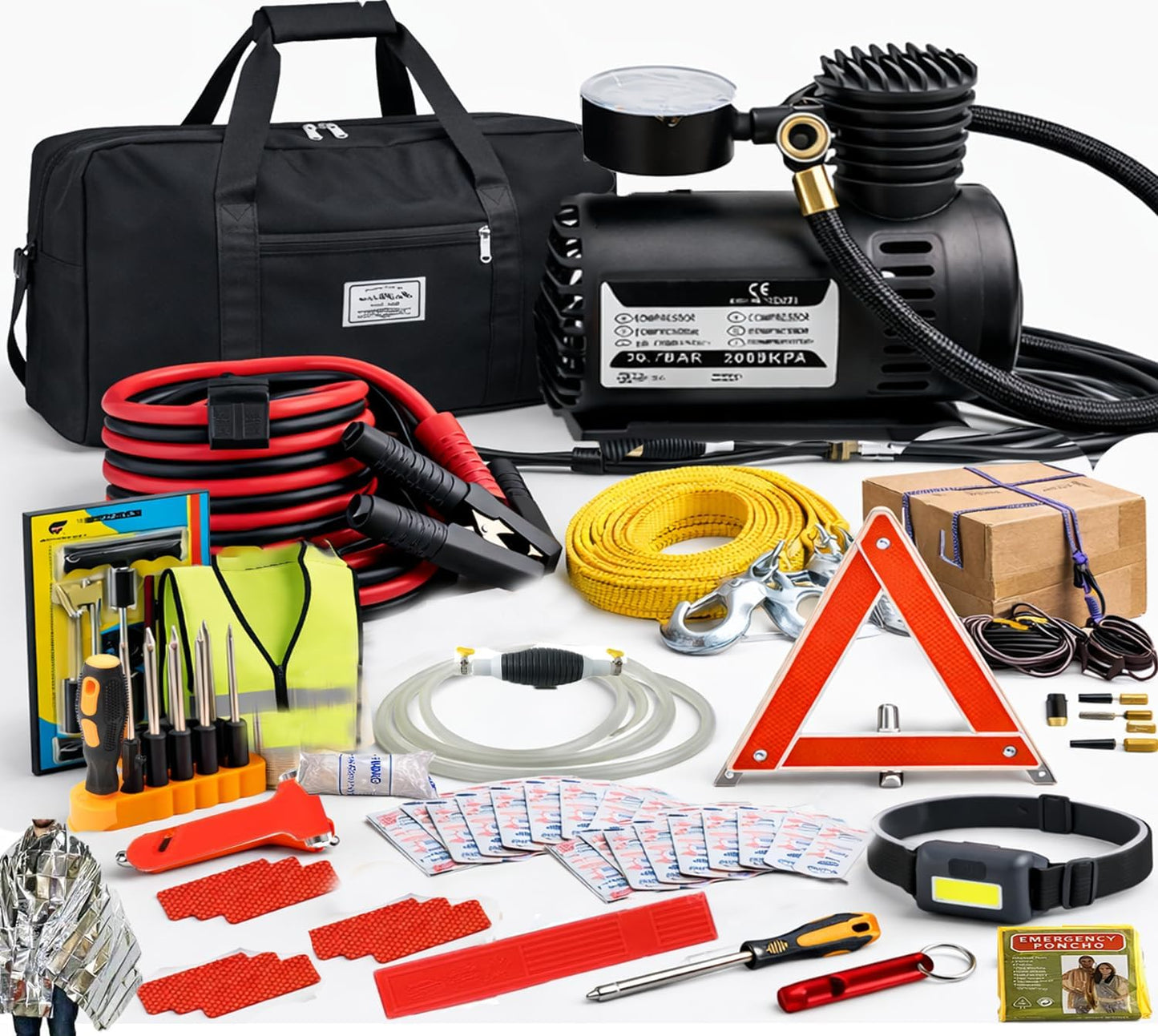 Car Roadside Emergency Kit, with Jumper Cables Automotive Kit,Car Safety Roadside Assistance Kit Headlamp,Tow Straps, Safety Hammers, Rainwear, Gloves.Black