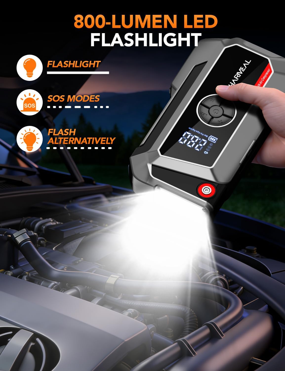 Sharmeal Jump Starter with Air Compressor, 7000A Car Battery Jump Starter (All Gas /12.0L Diesel), 200PSI Jump Starter Power Pack Portable 12V Jump Box with Jumper Cables, LED Light
