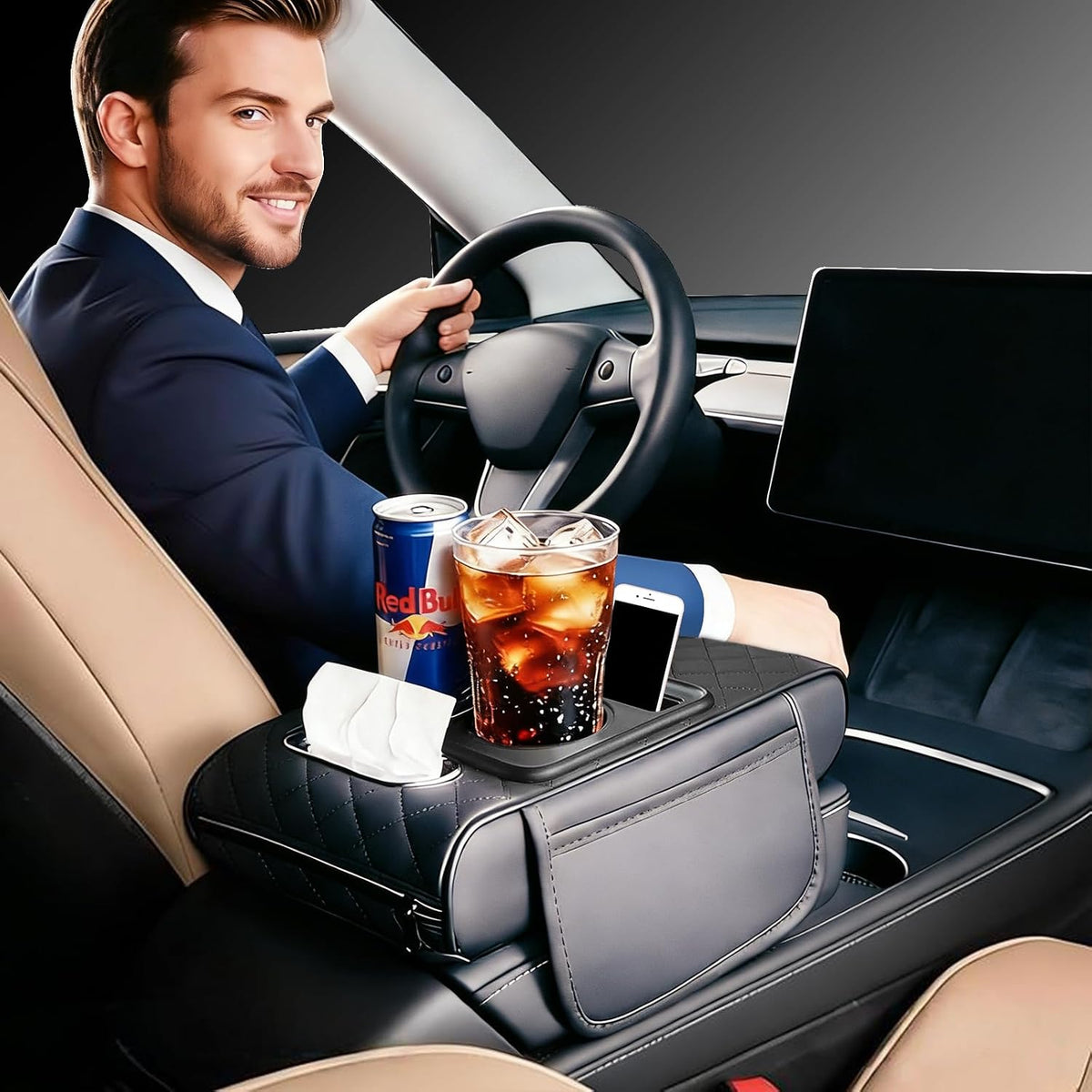 Leather Car Armrest Cover, 5-in-1 Console Cushion with Storage & Cup Holder