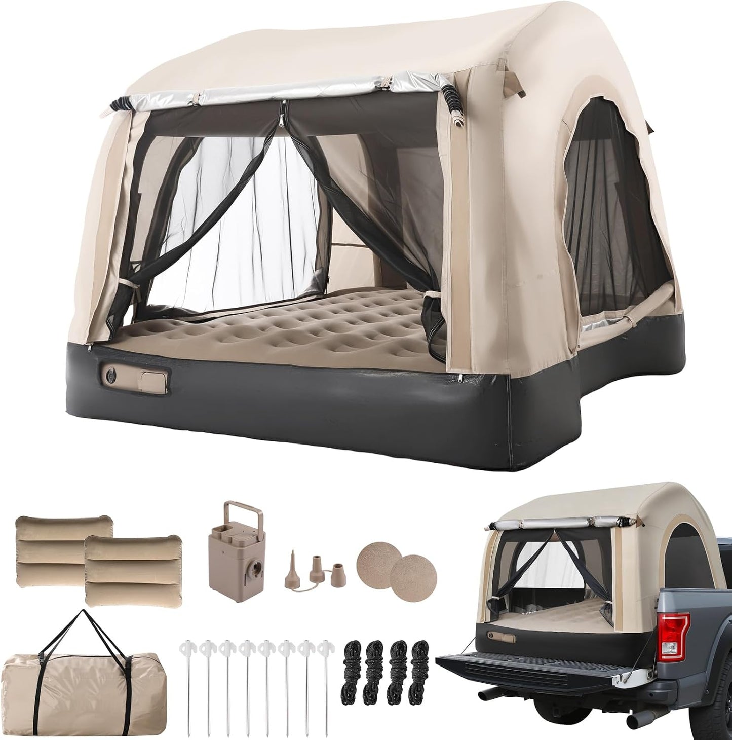 OPP ULITE Foldable Pickup Truck Bed Tent, Full Size Sportz Air Mattress, Camping & Outdoor Truck Tent, 2-Person Portable Includes Pillows & Glow-in-The-Dark Stakes