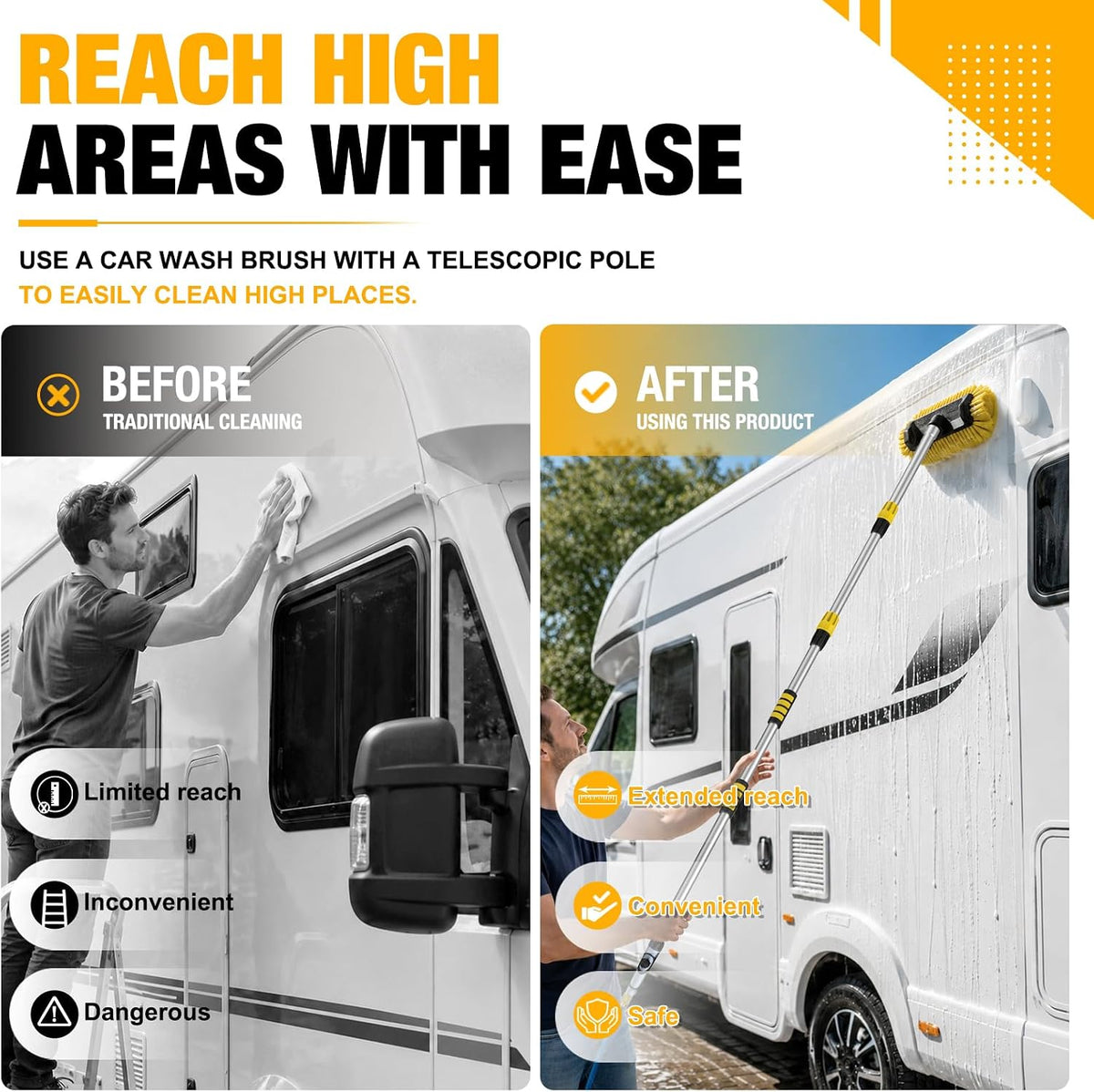 LAANPOLE 12FT Car Wash Brush with Long Handle, Car Cleaning Brush with 12 Inch Soft Bristle and Soap Dispenser, Solar Panels Cleaner with Telescoping Pole for RV, Truck, Boat, House Siding, Yellow