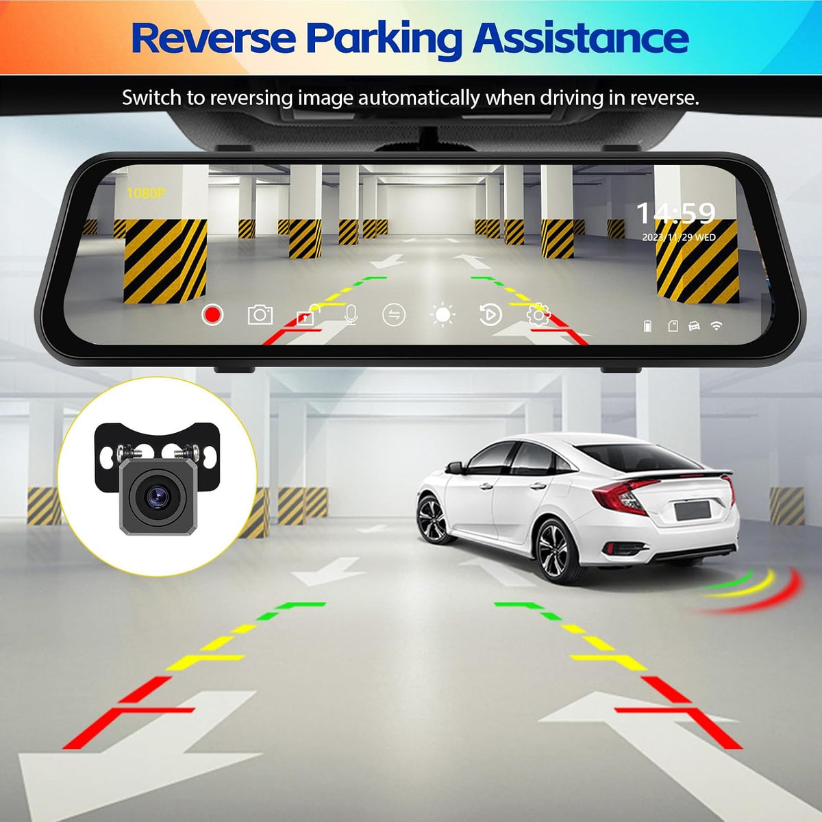 1080P Mirror Dash Cam 9.66" 3 Channel Front Rear Inside View Mirror Camera
