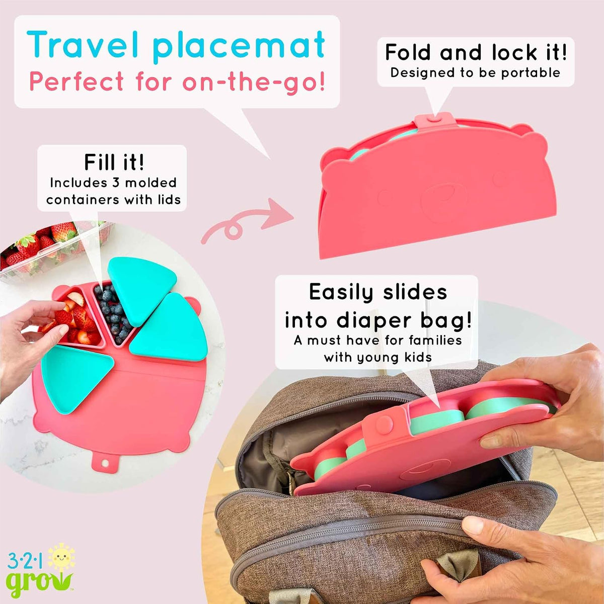 Silicone On-The-Go Snack Mat – Foldable Reusable Placemat with 3 Compartments and Lids – Travel-Friendly Baby and Toddler Snack Plate – Dishwasher Safe (Cotton Candy)