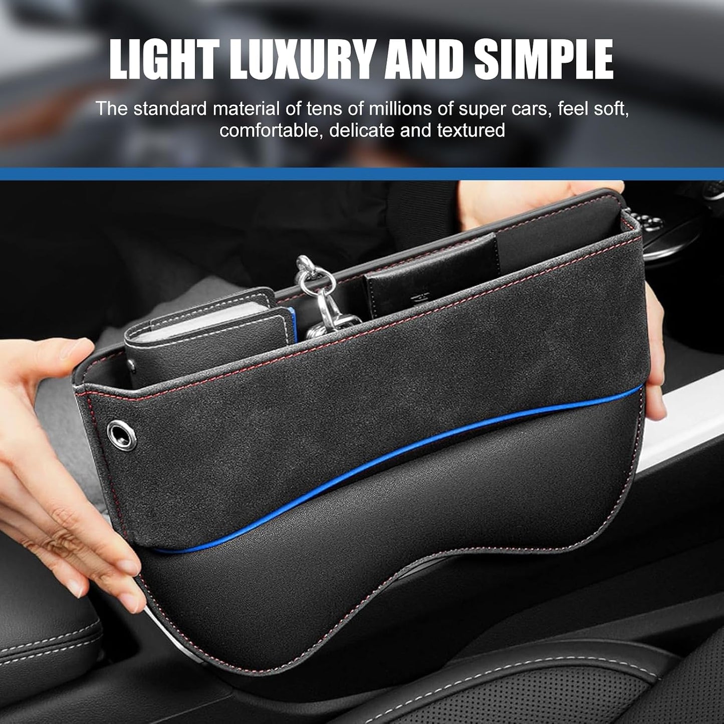 Car Seat Gap Filler Organizer, Leather Seat Storage Box with Cable Port, Anti-drop Multi-functional Center Console Organizer for Phone Key Card, Side Gap Filler for Most Cars (Black)