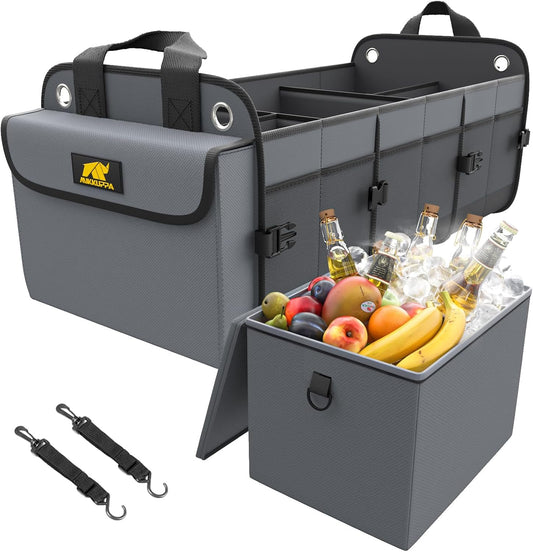 MIKKUPPA Car Trunk Organizer with Cooler, 100L, Premium Material, Gray | Collapsible Heavy Duty Large Car Organizer, Sturdy Trunk Storage for SUV with Adjustable Straps and Non Slip Bottom