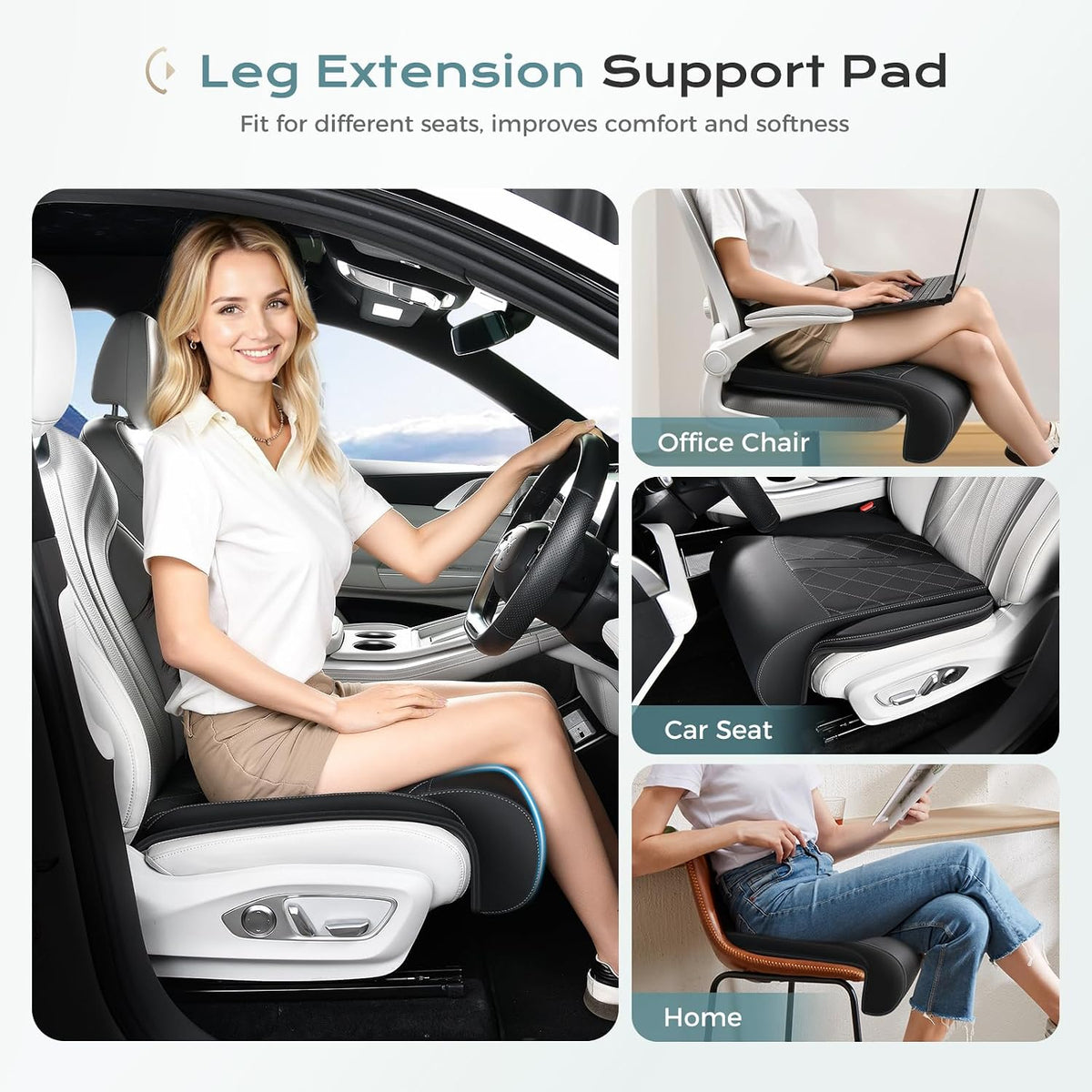 Coverado Car Seat Extender Leg Support Cushion, Leg Rest Cushion for Driver Seat, Universal Car Seat Leg Support, Leather Car Seat Cushion, Waterproof Leg Extension Pad for Long Driving (Update,Black)