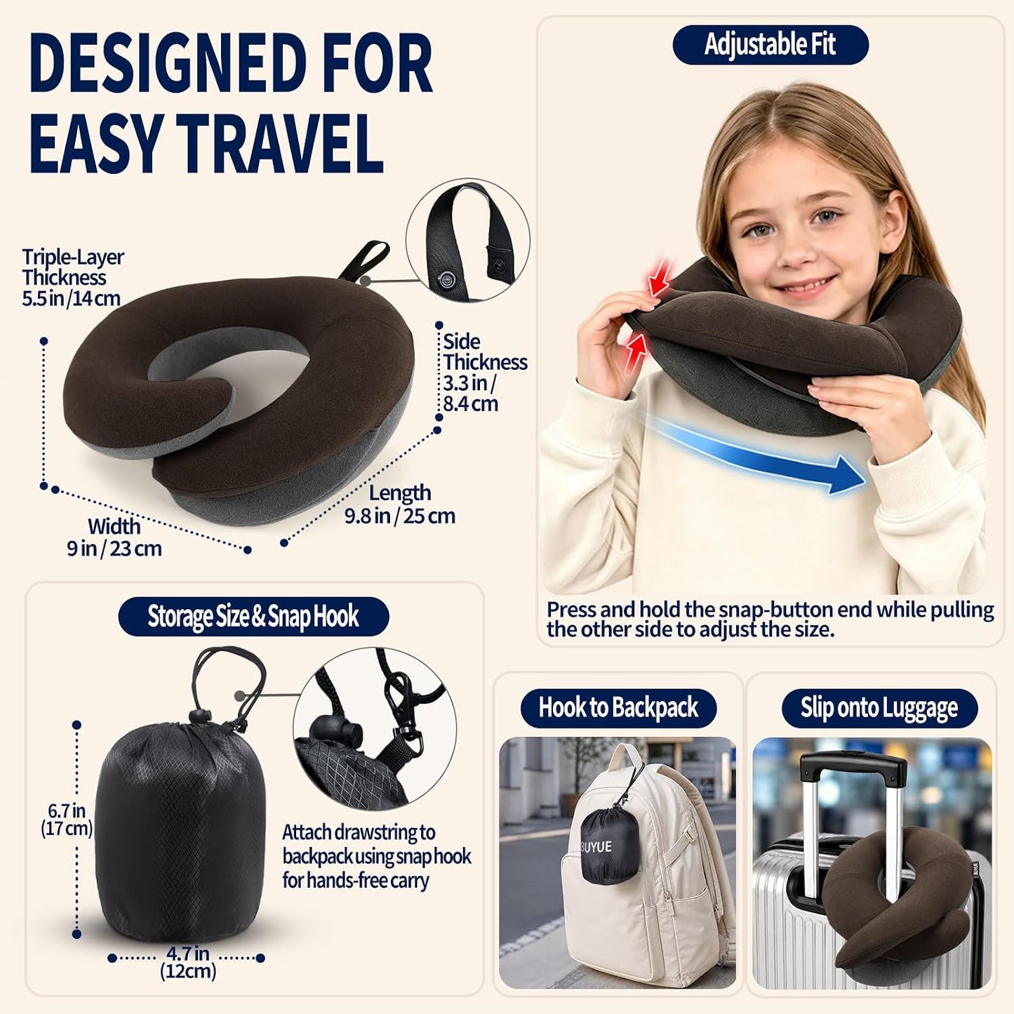 BUYUE Kids Travel Pillows for Airplane, Memory Foam 360° Head Support Sleeping Essentials for Boys Long Flight, Skin-Friendly Soft Neck Pillow for Traveling in Car Seat, (Small, Brown Grey, 40-90 lbs)