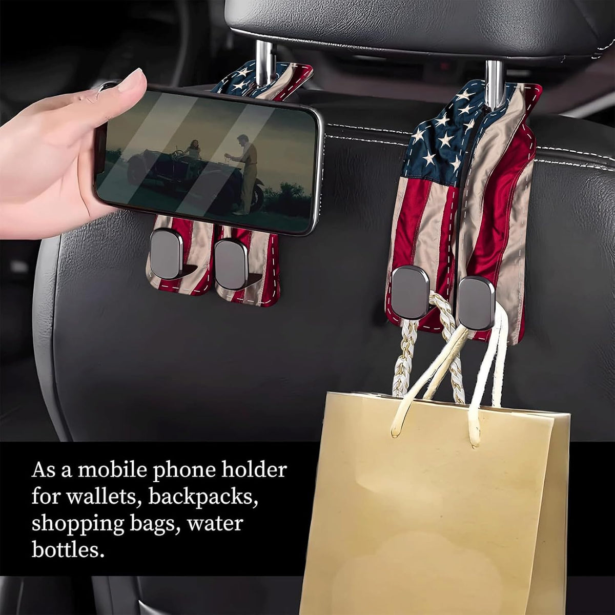 Car Seat Headrest Hook, Universal Leather Cute Hanger Holder Hook, Storage Organizer Interior Accessories for Purse Bags Handbag Cute American Flag