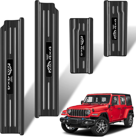 4PCS Door Sill Guards for Jeep Wrangler 2018-2025 2026 JL JLU & 2020-2026 Gladiator JT Accessories, Stainless Steel Door Sill Protector,Unlimited Sport Sahara Rubicon 4 Door (Black Brushed)