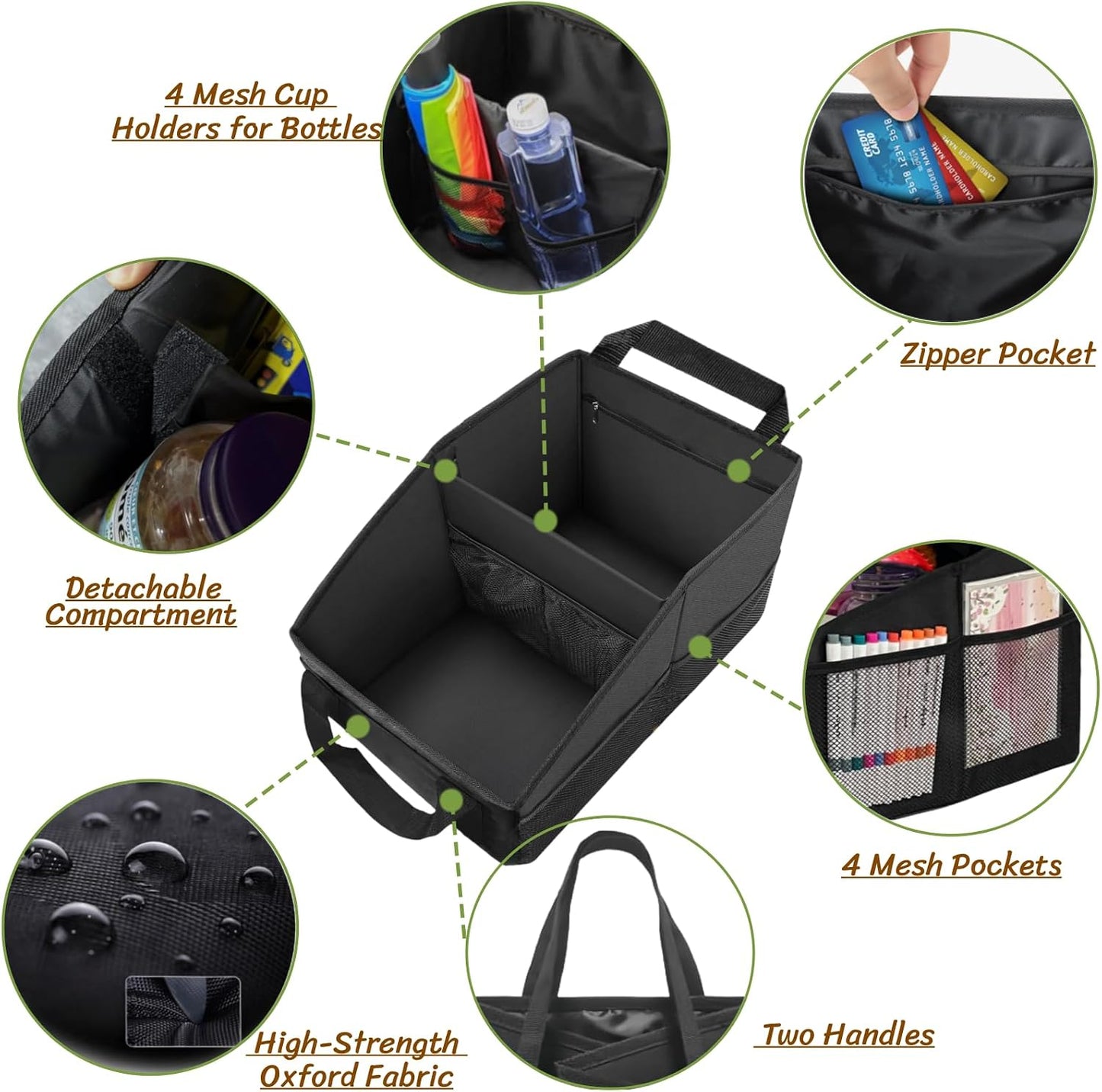 BLIRITEL Car Seat Organizer for Front & Back Seat, Passenger Seat Organizer, Small Car Seat Storage Caddy for kids & Adult with Divide, Handles and Multiple Mesh Pockets (Black)