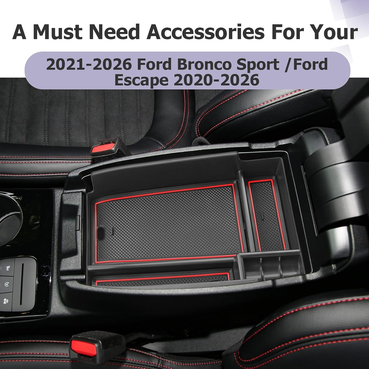 LUWU Center Console Organizer Compatible with Ford Escape 2020-2025 2026 Accessories Bronco Sport 2021-2025 Accessories Armrest Console Storage Box Insert Tray ABS Material Black Coin Container Red