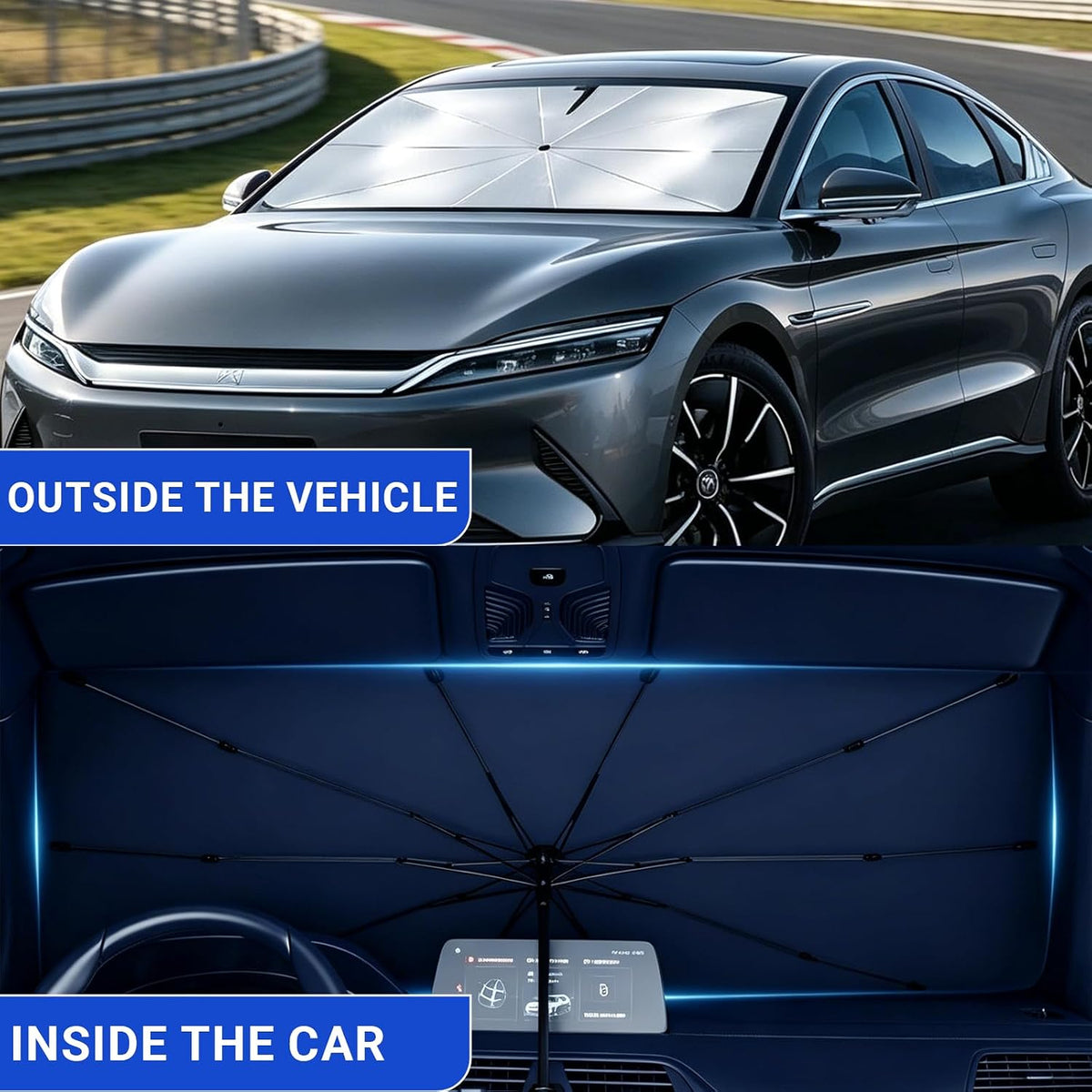 Windshield Sun Shade Umbrella, Foldable Car Sunshade, Ice Crystal Cooling Coating Car Sunshade & Heat Shield, UPF 50+ UV Protection, Spring-Enhanced Frame for Most Sedans SUVs (55"x31")