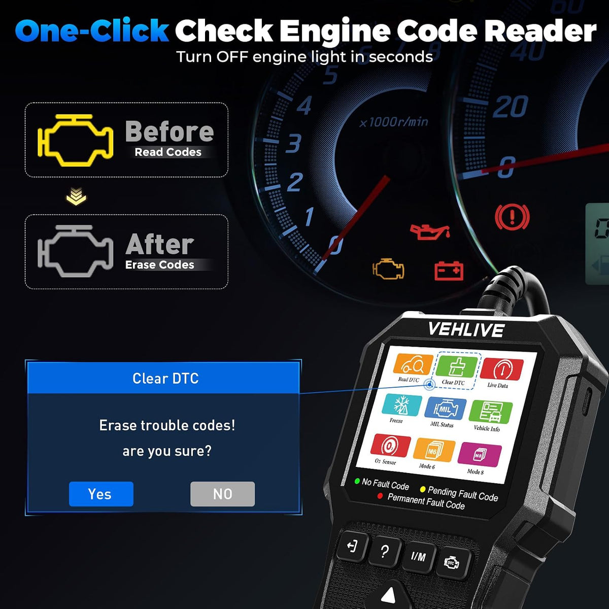 OBD2 Scanner Diagnostic Tool, Check Engine Light Car Code Reader with Reset, Battery Tester, Live Data, Freeze Frame, I/M Readiness, Car Scanner Diagnostic Tool for All OBDII Car After 1996