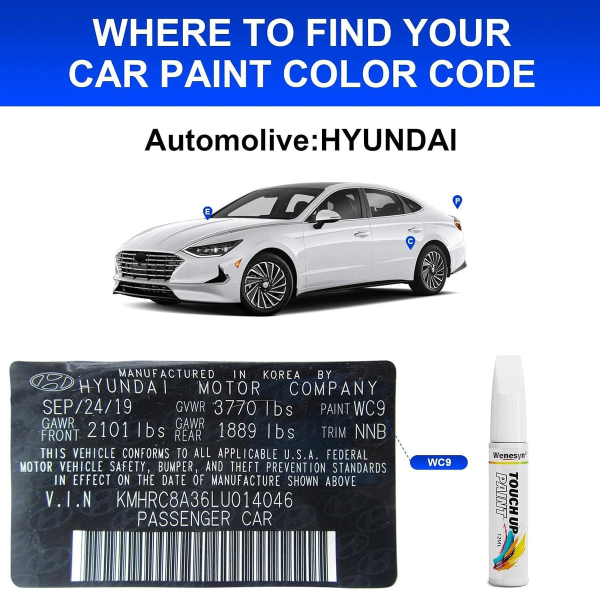 WC9 Hyper White Touch Up Paint Compatible with Hyundai Cars