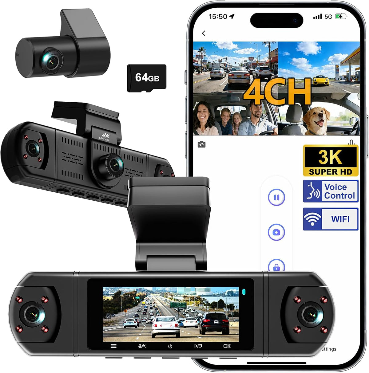 M998-3K Dash Camera for Cars,360° View 3K Front +Rear&Left & Right 1080P x3, 4 Channel Dash Cam, Voice Control,WiFi & APP Control,8 IR Lamps Night Vision,Free 64GB SD Card,G-Sensor,Parking Mode