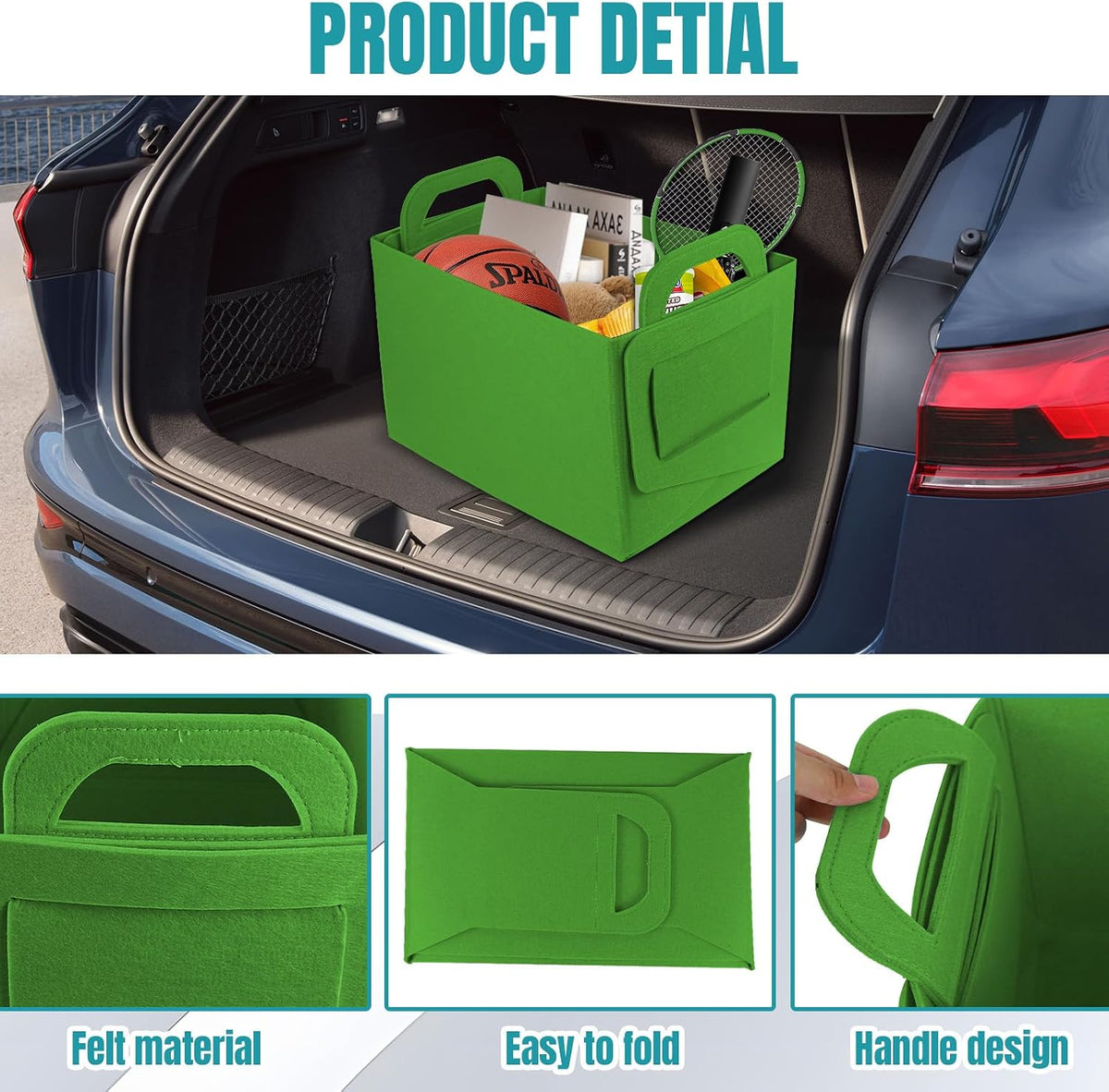 Hovom 2PCS Car Trunk Organizer, Foldable Trunk Organizer for SUV, Collapsible Felt Vehicle Organizers and Storage Box, Universal Felt Storage Basket, Travel Essentials, Car Accessories (Green)