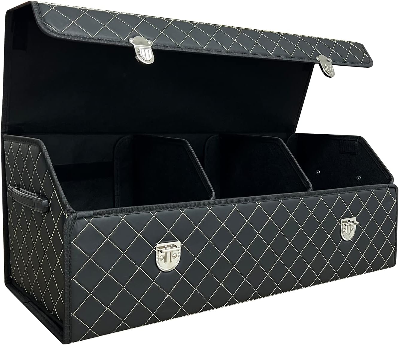 Car Trunk Organizer with Lid,Foldable Faux Leather Cargo Storage Box,3 Compartments,Collapsible Multi-Functional for SUV,Sedan,Vehicle Trunk