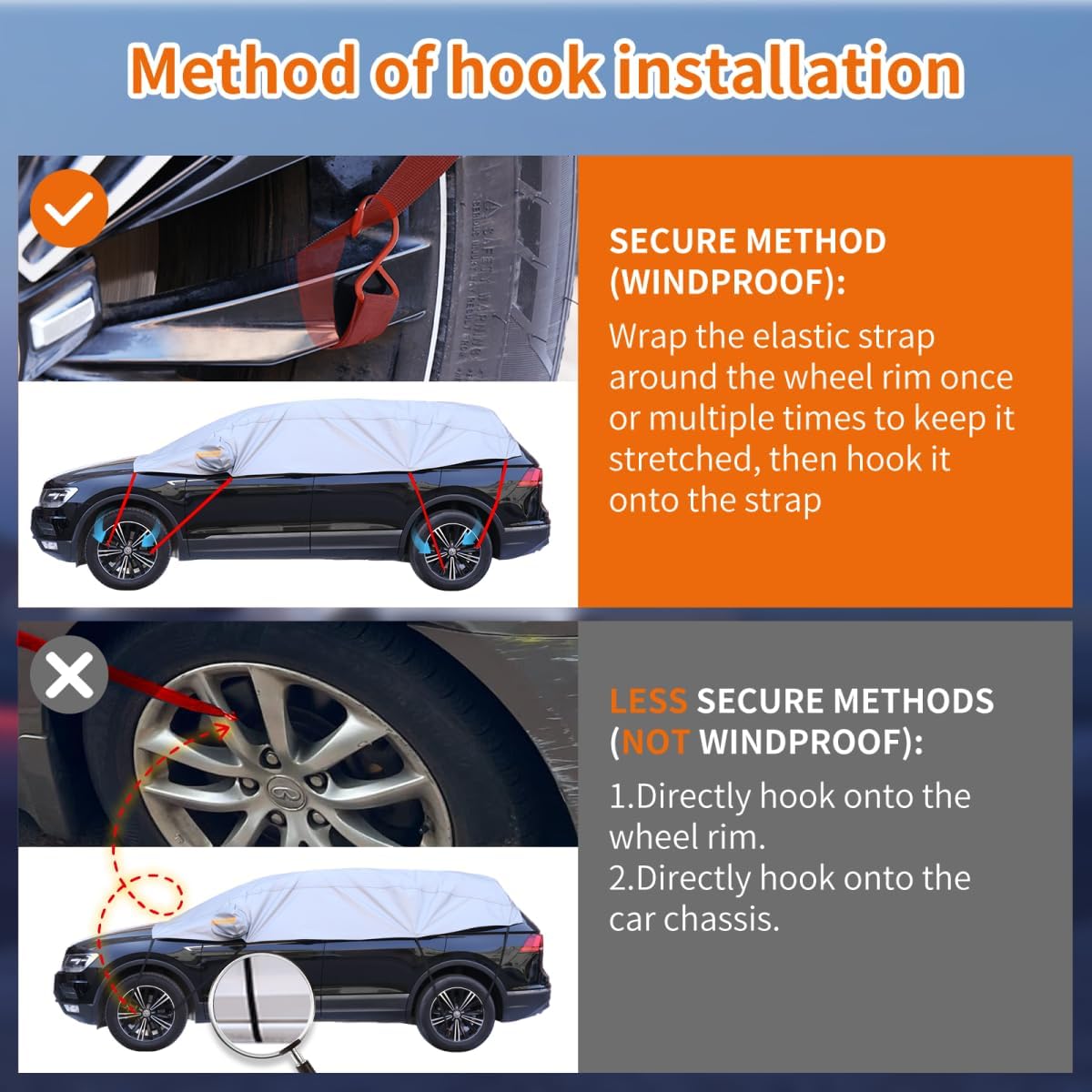 Half Car Cover, Windshield Cover for Ice and Snow with Cotton Liner, Car Cover Waterproof All Weather for Snow, Sun, Rain, Dust, UV Protection Fit SUV M