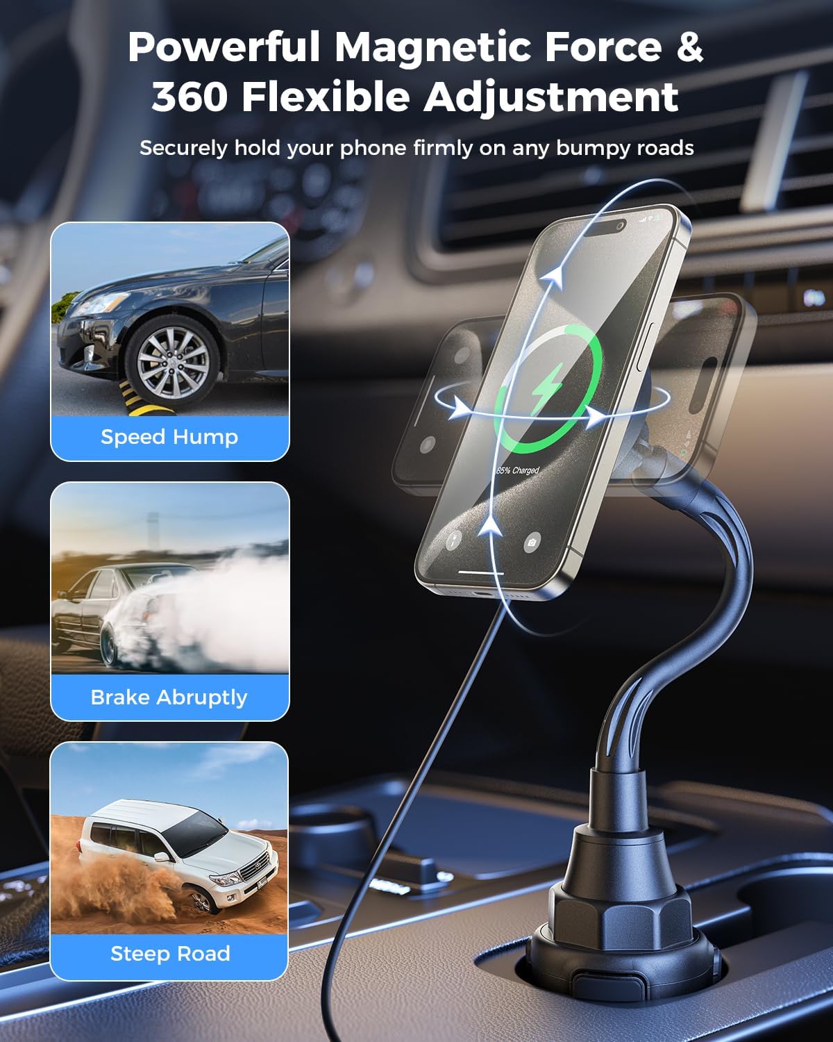 SUPERONE 15W MagSafe Car Charger Cup Holder Mount for iPhone