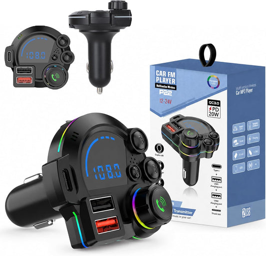 USB-C Bluetooth 5.4 Car Adapter with FM Transmitter, Wireless Music and Hands-Free Calling, LED Display, RGB Ambient Light and USB Flash Drive Playback for Non-Bluetooth Car Stereos (1Pcs)
