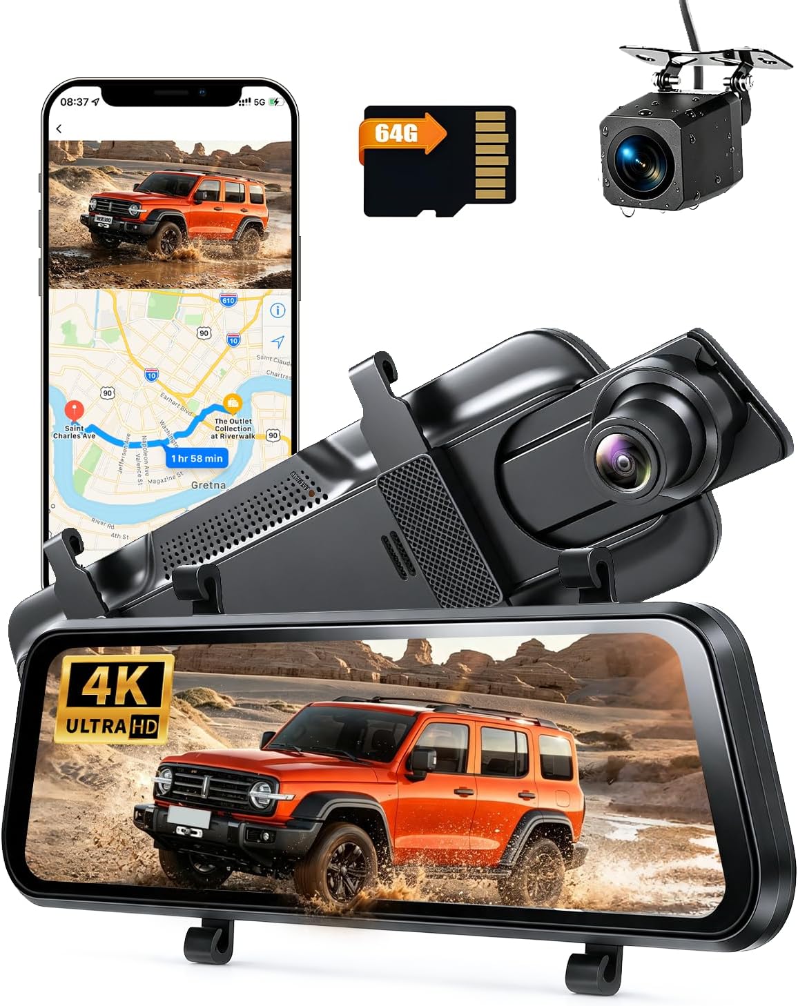 4K Rear View Mirror Camera, Dash Cam with 64GB Card WiFi