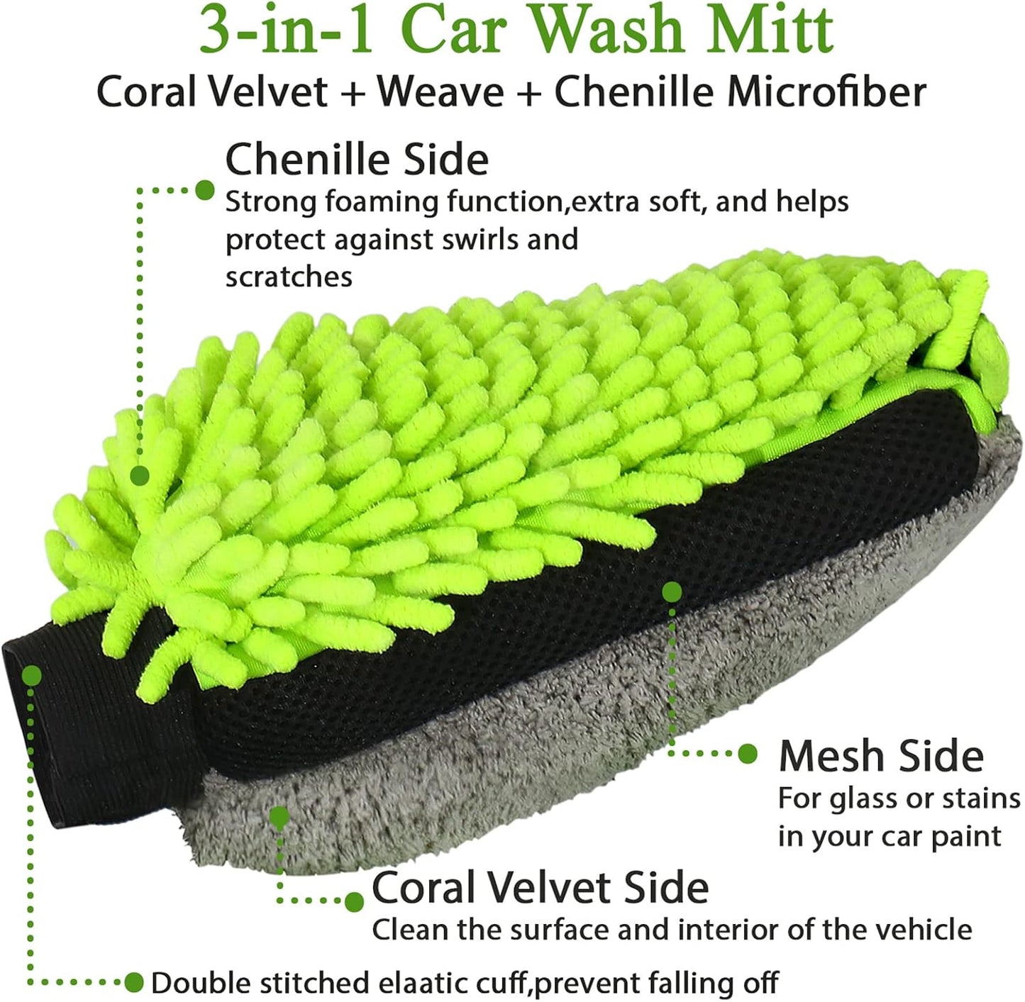 Collapsible Bucket with 3-in-1 Car Wash Mitt, Coral Velvet + Weave + Chenille Microfiber Glove Sponge, 10L (2.6 Gallon) Portable Folding Basin Pail for Household Cleaning