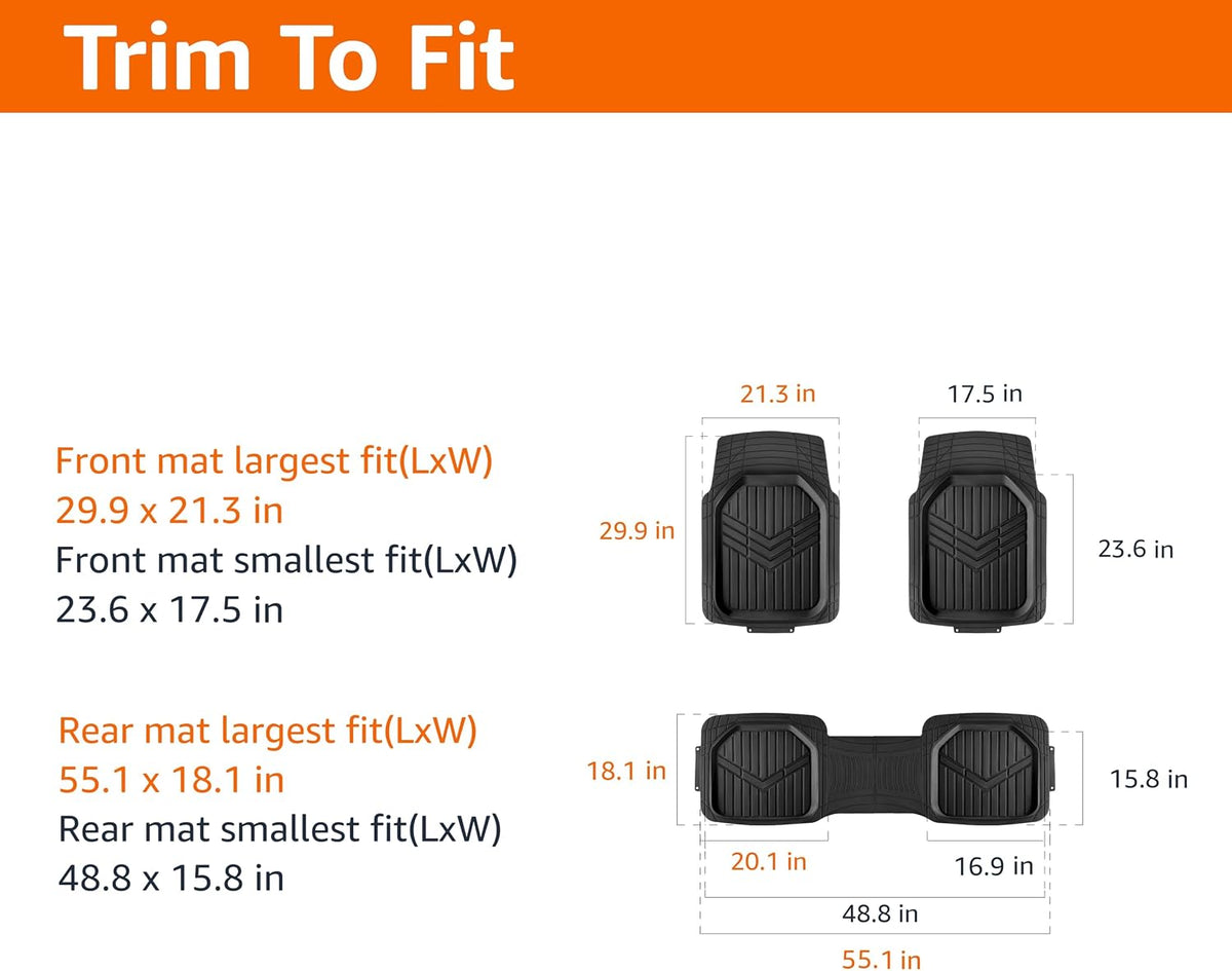 Amazon Basics 3-Piece All-Weather Heavy Duty, Full Set PVC Floor Mats for Universal Fit in Cars, SUVs, and Trucks, Black, Trim to Customize