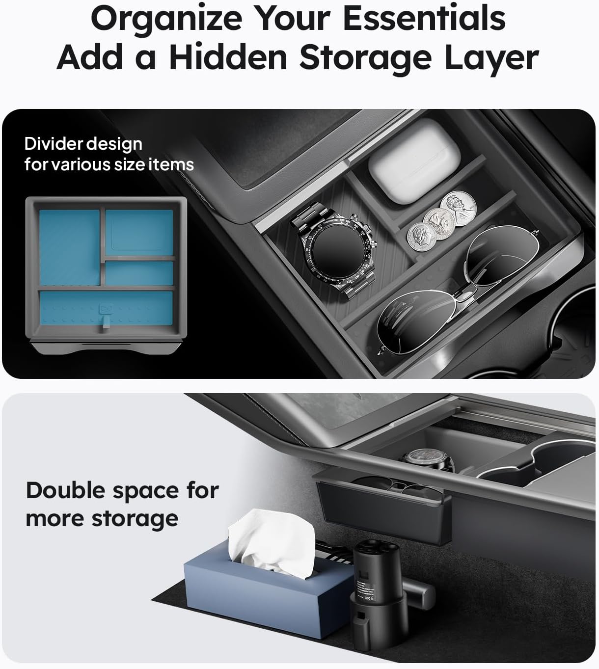 Wigoo Center Console Organizer for Tesla Model Y Juniper (Only Premium & Performance 2025 2026) and All Model 3 Highland Accessories [Double-Layer Storage, Smooth Sliding] 4PCS Gray