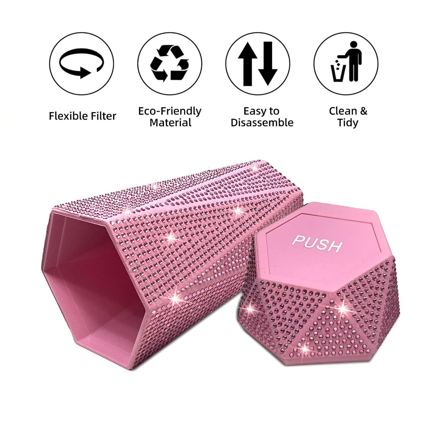 NBTEPEM Bling Car Trash Can with Lid, Bling Car Accessories Trash Bin, Leakproof Auto Garbage Can with 30 Trash Bags, Multipurpose Organizers and Storage for Home, Office (Pink Diamond)