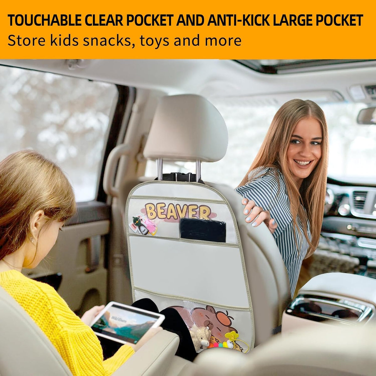kids Leather Car Backseat Organizer with Foldable Table Tray, Car Storage Organizer with Tablet Holder, Car Seat Back Protectors Kick Mats, Travel Accessories (Capybara)