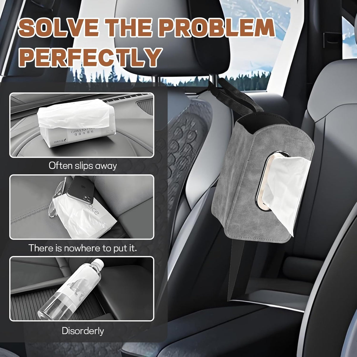 Car Seat Side Tissue Holder, Rectangular Leather Hanging Tissue Box Cover for Cars Front Seats, Automotive Seat Storage Organizer for Phone, Stuff, Universal Interior Car Accessories (Gray)