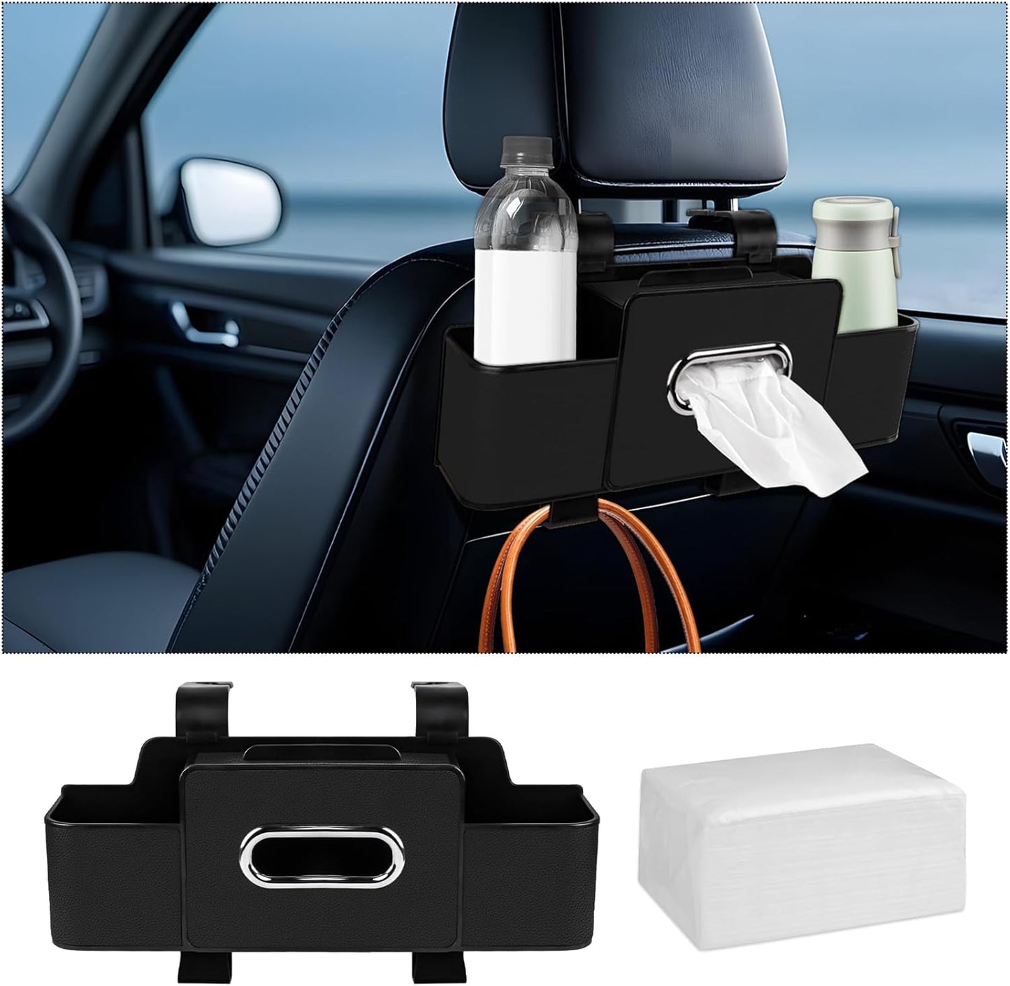 Car Back Seat Organizer with Tissue, Car Seat Back Tissue Box and Storage Hook, Multifunctional Car Organizer for Hold Phone,Drinks,Handbag,Compatible with Most Vehicles (Beige)
