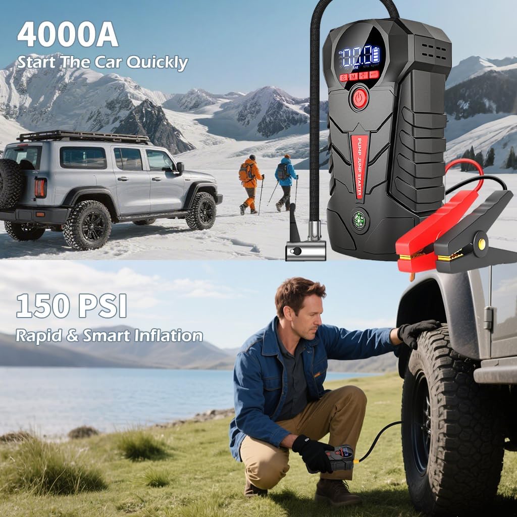 4000A 4-in-1 Car Battery Jump Starter with 150PSI Tire Inflator for Vehicle