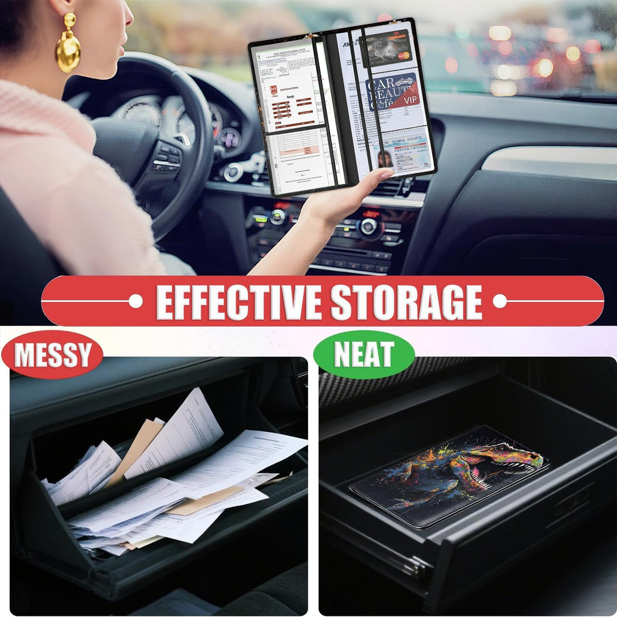 Car Document Holder with Magnetic Shut, Car Registration & Insurance Card Holder, Waterproof PU Leather Glove Box Organizer Vehicle Accessories Driver License for Women/Men, Watercolor Dinosaur