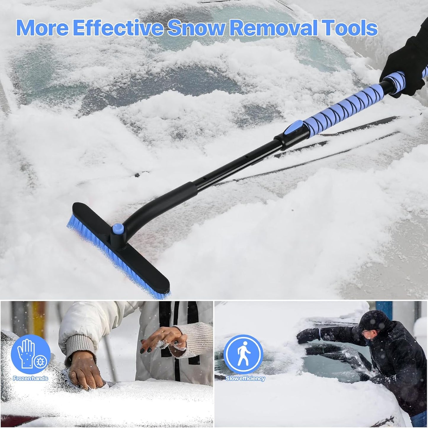 44" Snow Brush and Ice Scrapers Detachable, 360° Pivoting Soft Bristle Head,Foam Grip, for Car,Trucks,or SUV Window & Windshield Tool