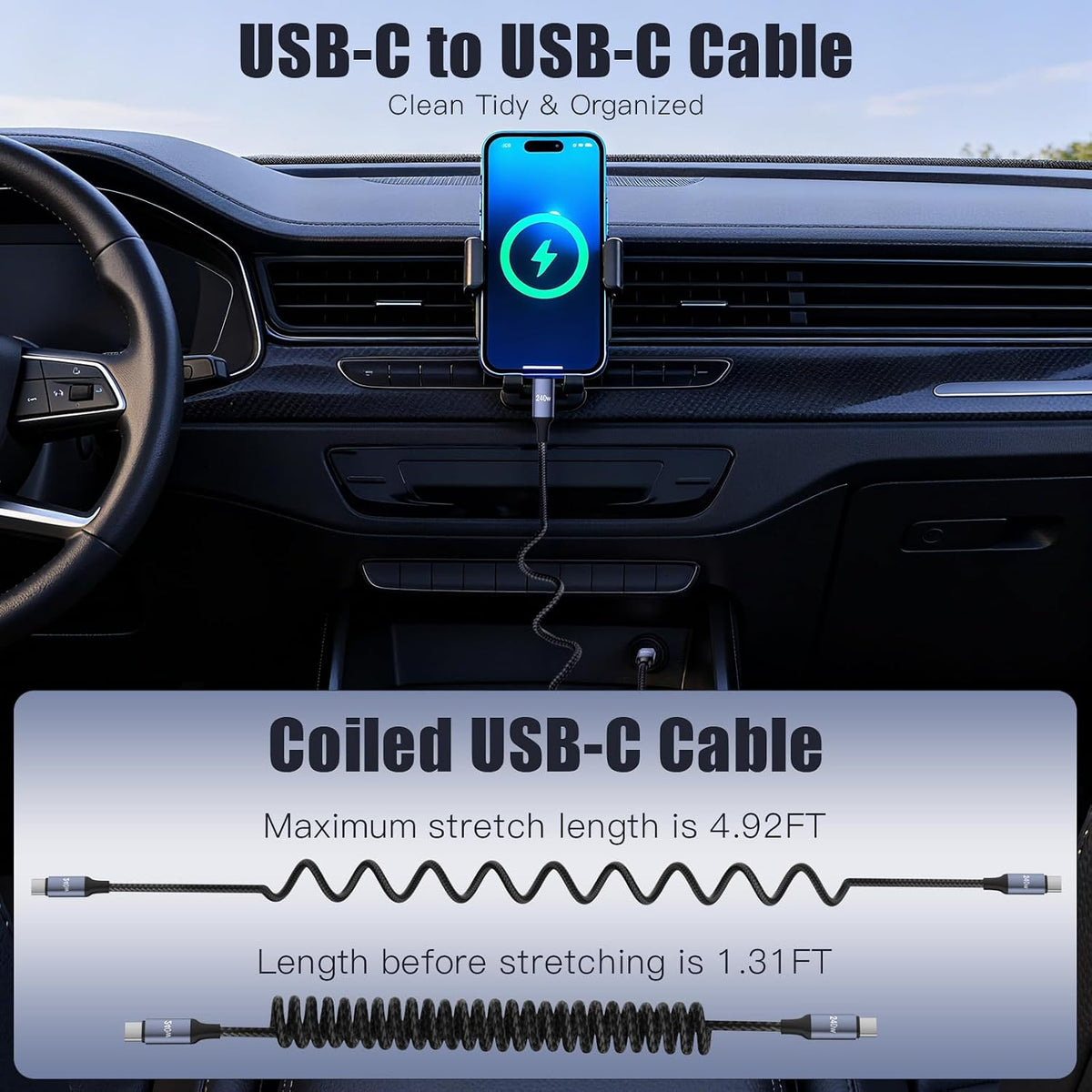 ROADRESS 240W USB C to USB C Cable Coiled, Braided Type C Charger for Car