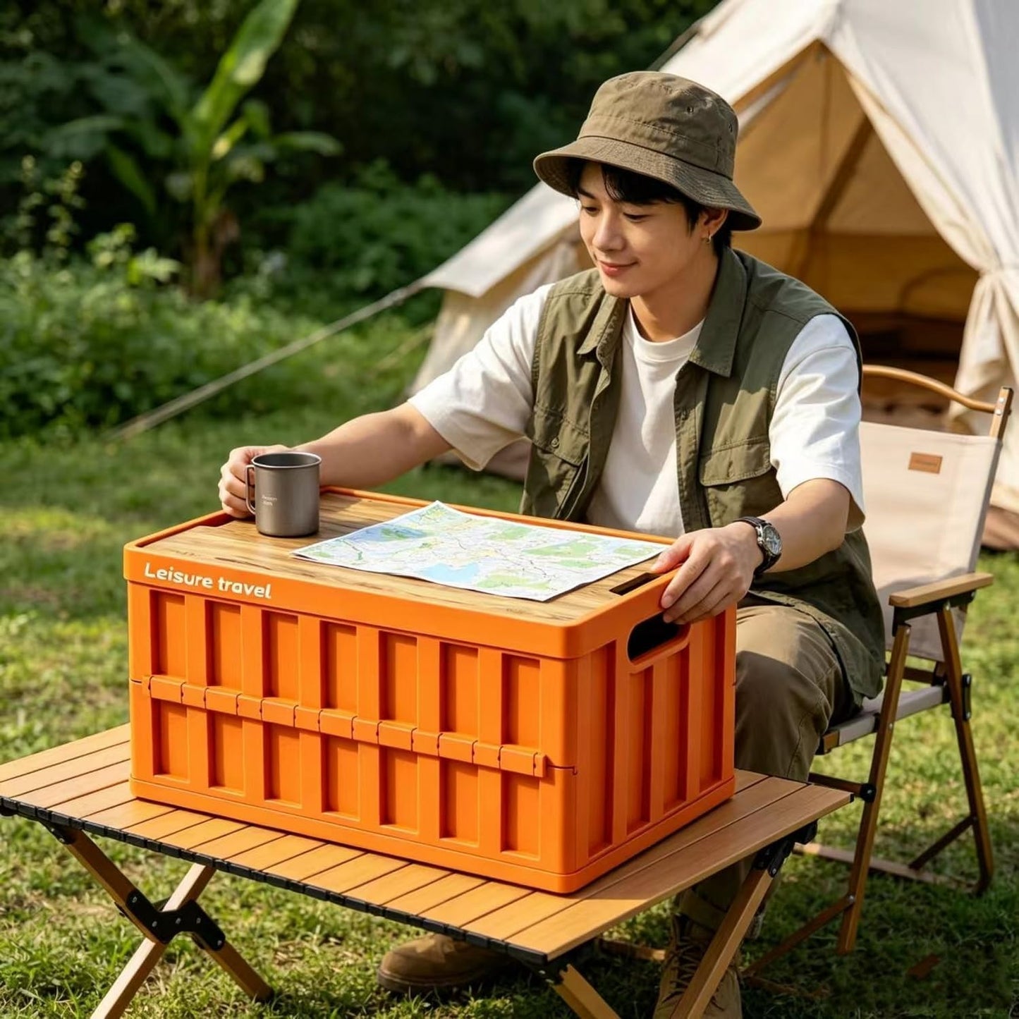 3 Pack 50L Mix Color Random Collapsible Storage Crate with Wooden Lid, Stackable Foldable Bin with Handles