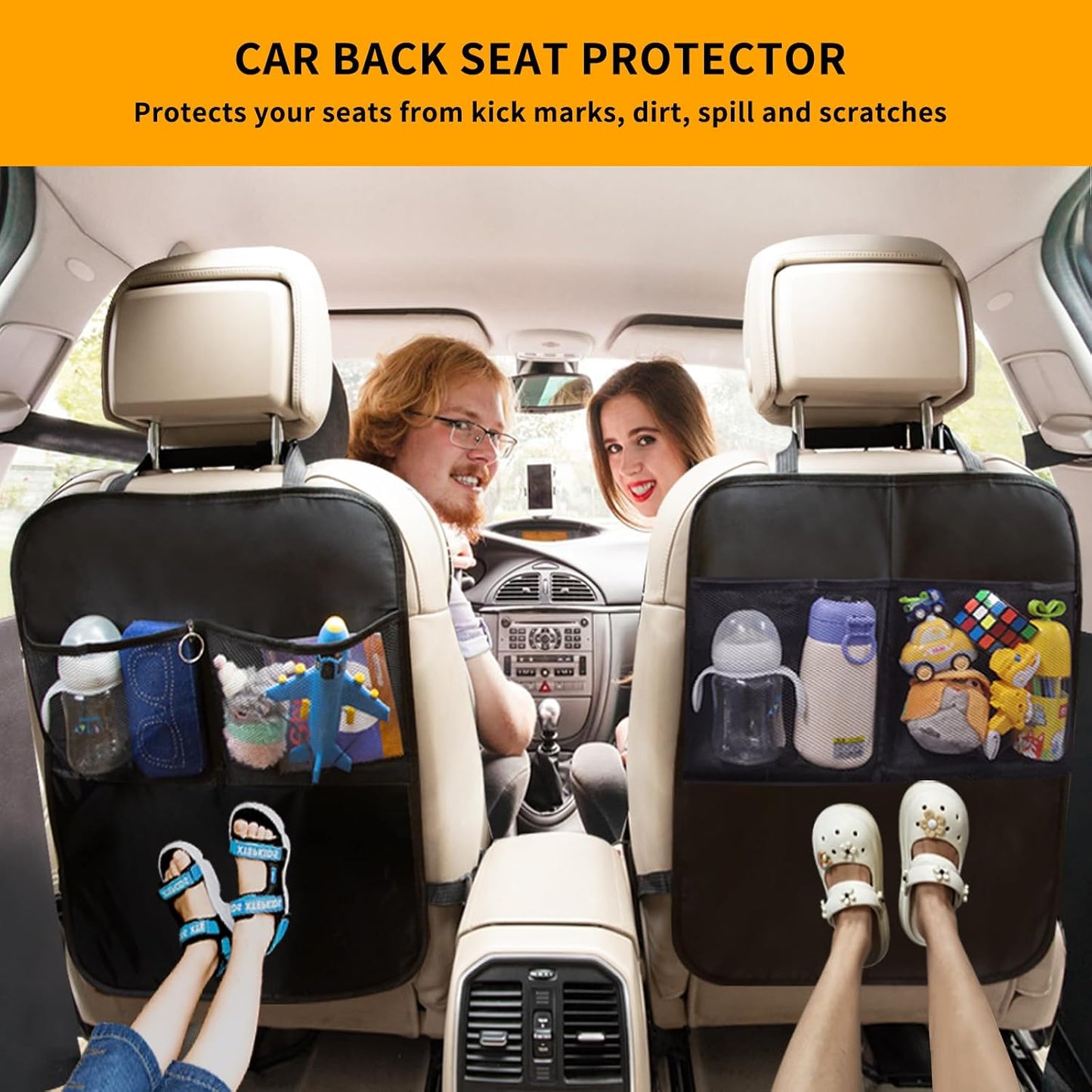 2 Pack Kick Mat Backseat Protector,Back Seat Cover for Kids,Car Seat Back Protectors with 2 Pocket Storage Organizer for Car, SUV, Minivan or Truck Seats (Black)