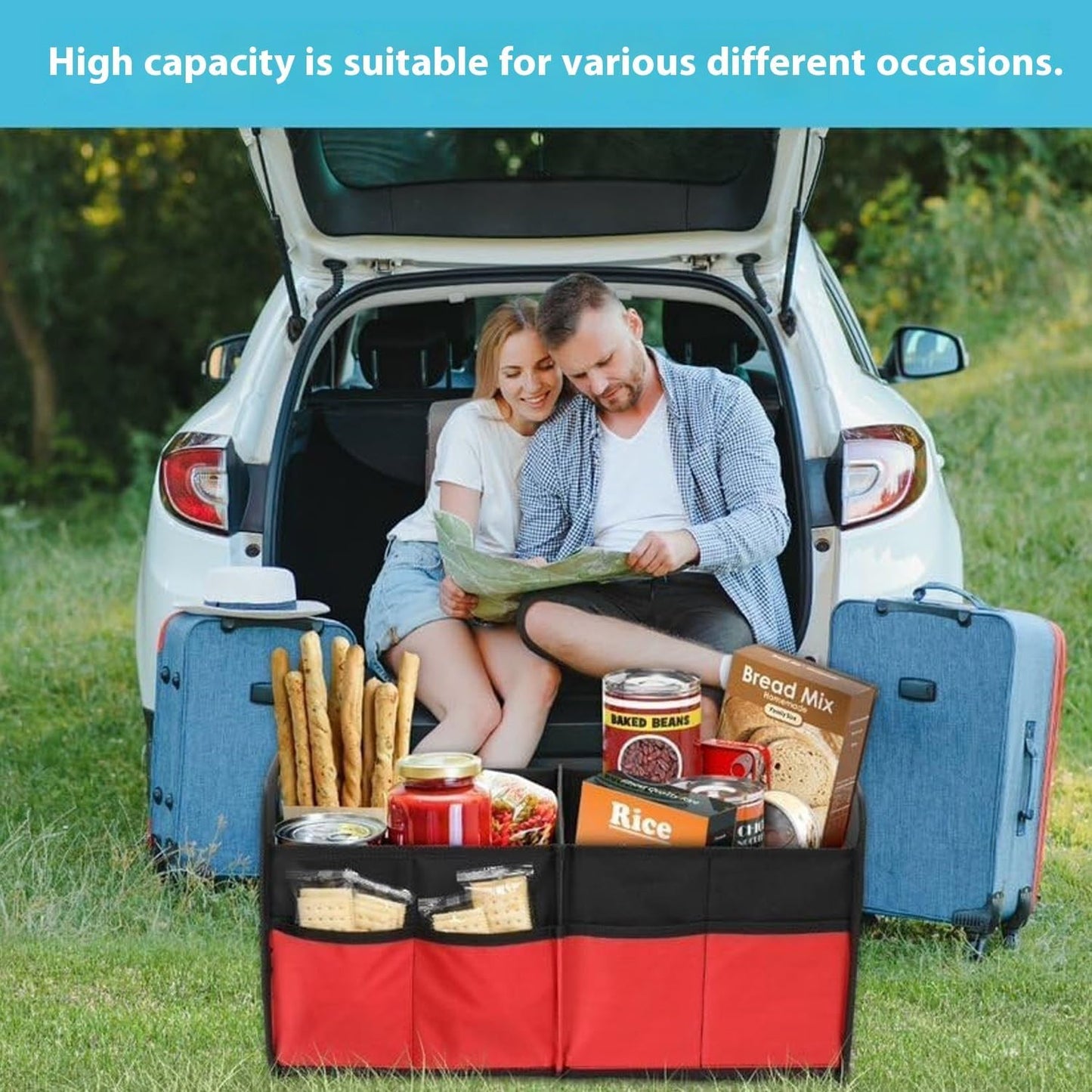 Car Trunk Storage Box, Collapsible Organizer, Foldable Trunk Storage Box with Multiple Compartments - Durable, Water-Resistant for Car Storage, Toys, Groceries and Emergency Gear