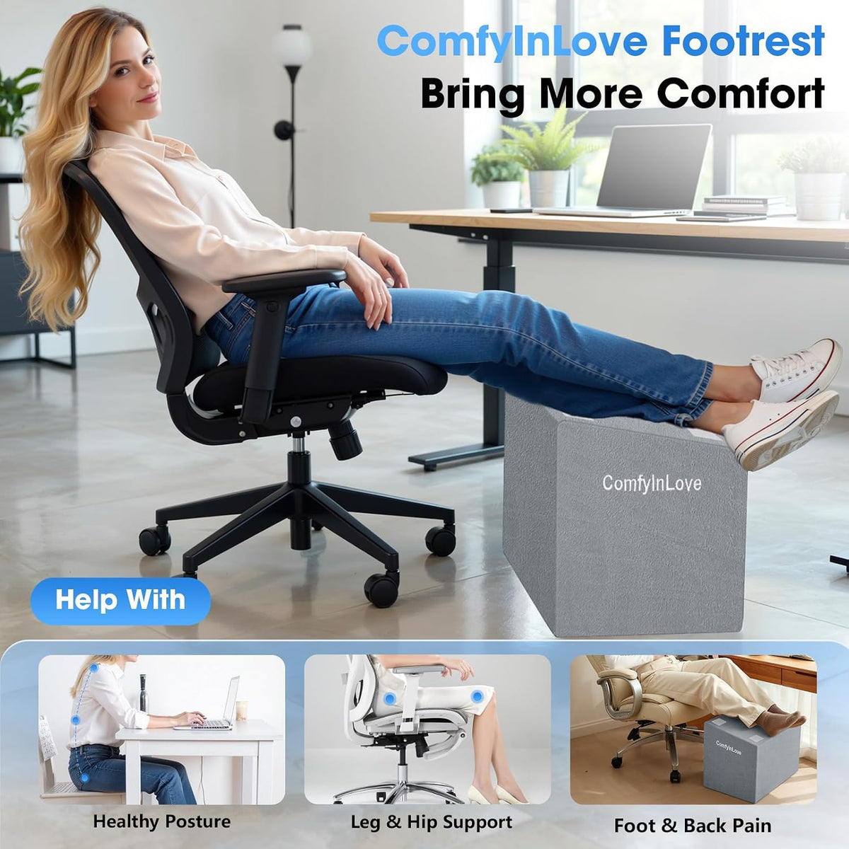 Foot Rest for Under Desk with 3 Heights, Foot Stool, Light Grey