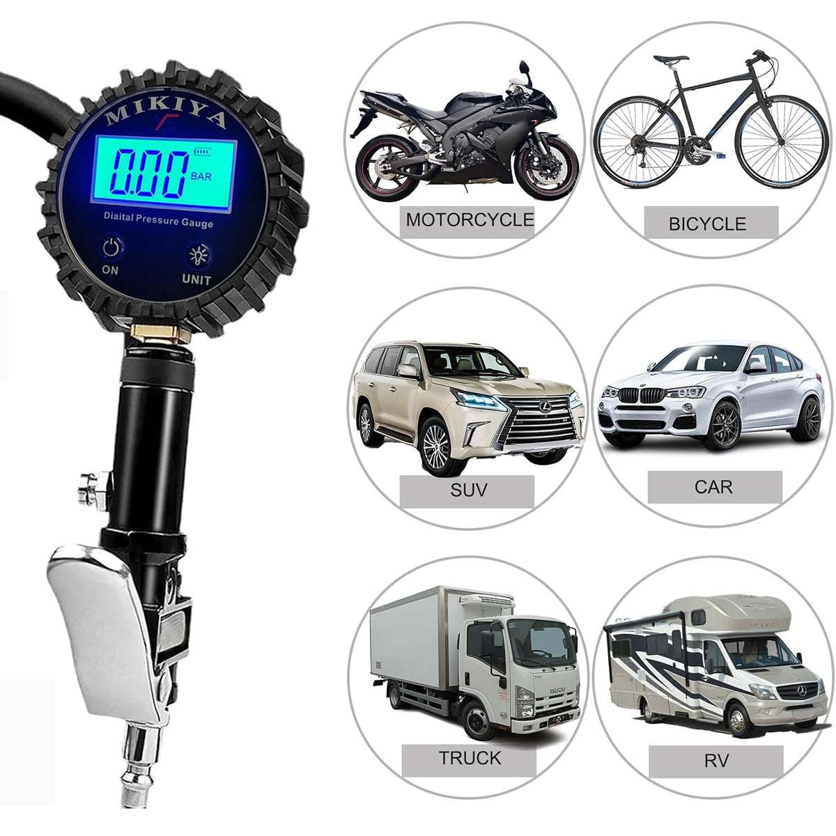 Digital Tire Pressure Gauge with Inflator, 250 PSI,Heavy Duty Air Compressor Accessories, with Rubber Hose Lock on Air Chuck and Quick Connect Coupler (YS-DTP-B)