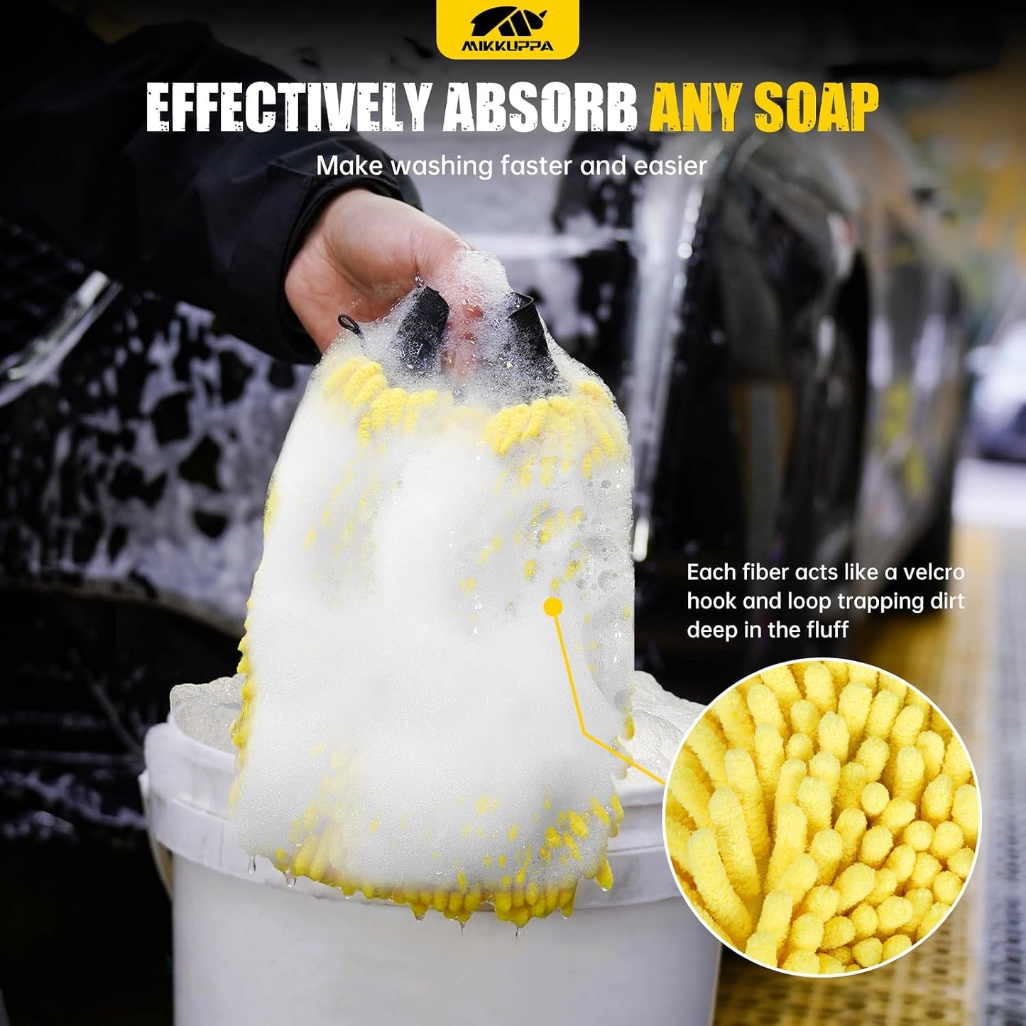 MIKKUPPA Car Trunk Organizer & Car Wash Mitt - 65L Collapsible Black Trunk Organizer with Lid, Yellow & Gray Double-Sided Chenille Scratch Free Mitt with Waterproof Inner