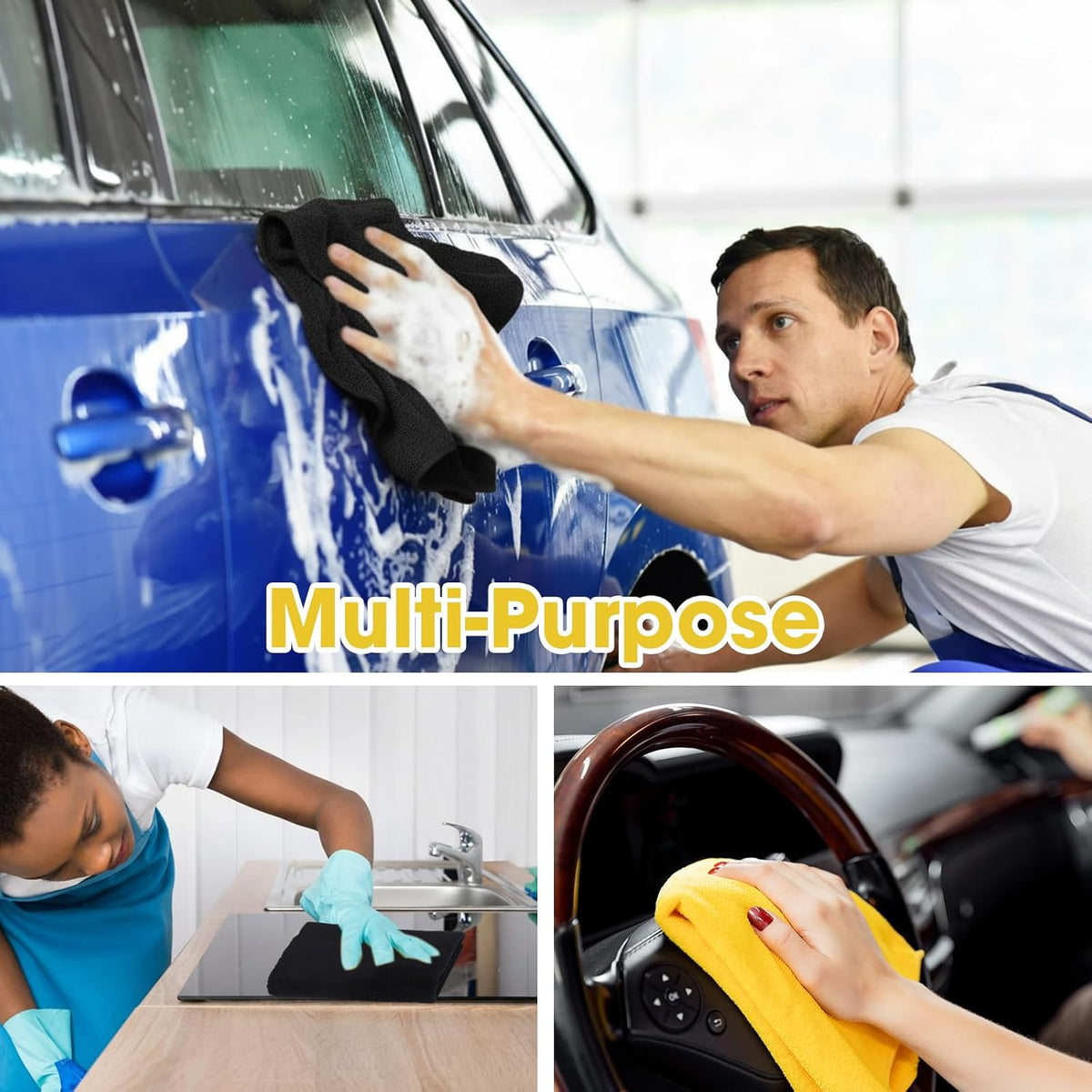 Shimeyao 30 Pcs 16 x 16 Inch Edgeless Microfiber Plush Towels for Cars Detailing Drying Wash Polishing Absorbent Cleaning Cloths, 500 GSM (Black, Yellow)